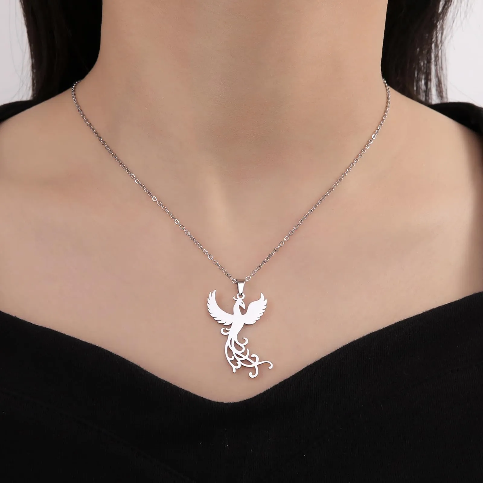 VASSAGO Collana di fenice nascente per donne Collana con ciondolo di uccello di fuoco in acciaio inox per uomini Regali di gioielli alla moda (collana d'argento) - immagine 5