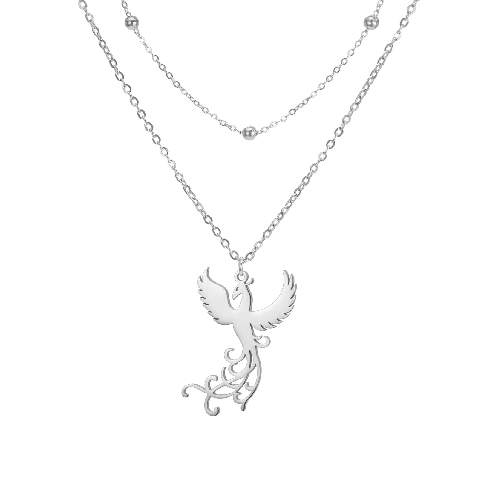 VASSAGO Collana di fenice nascente per donne Collana con ciondolo di uccello di fuoco in acciaio inox per uomini Regali di gioielli alla moda (Catena di perle d'argento) - immagine 1