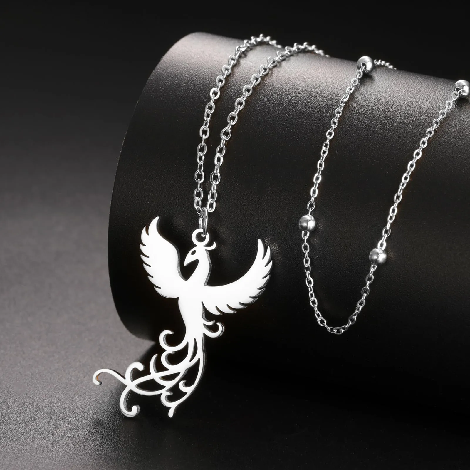 VASSAGO Collana di fenice nascente per donne Collana con ciondolo di uccello di fuoco in acciaio inox per uomini Regali di gioielli alla moda (Catena di perle d'argento) - immagine 2