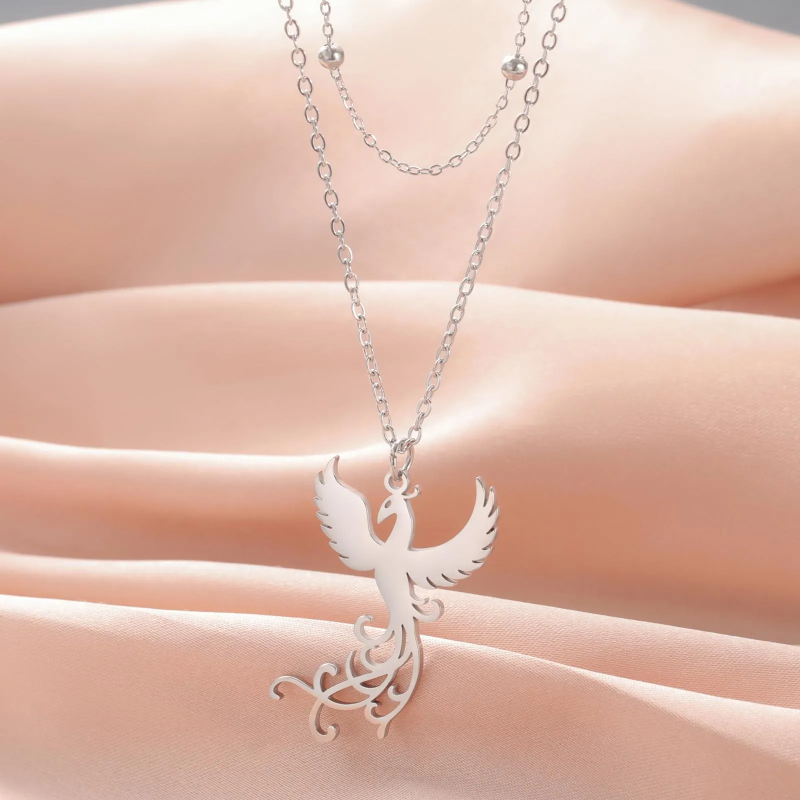 VASSAGO Collana di fenice nascente per donne Collana con ciondolo di uccello di fuoco in acciaio inox per uomini Regali di gioielli alla moda (Catena di perle d'argento) - immagine 4
