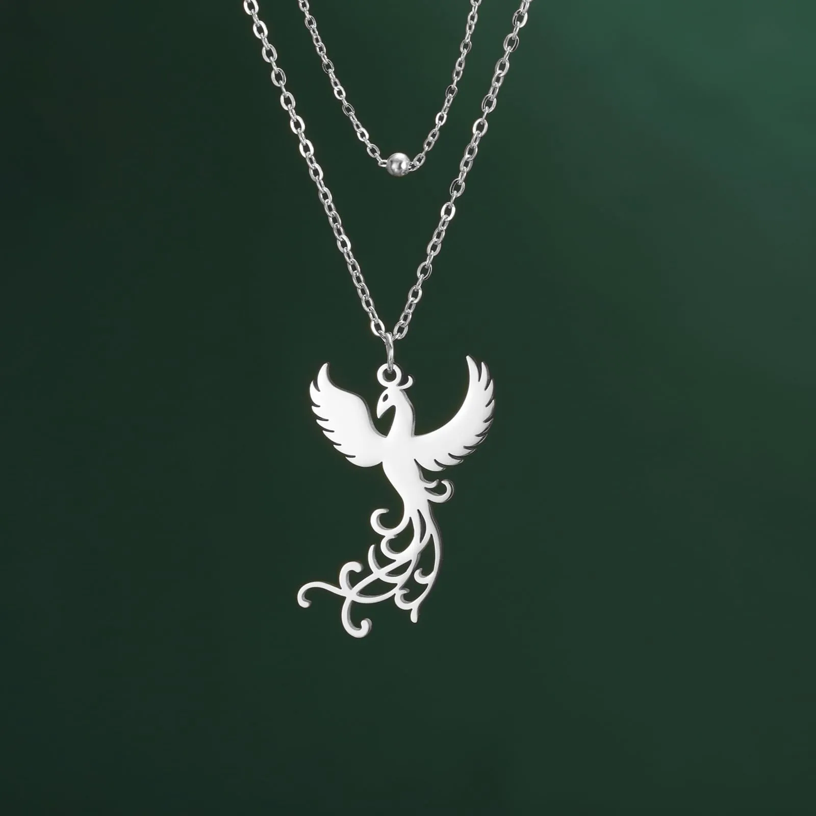 VASSAGO Collana di fenice nascente per donne Collana con ciondolo di uccello di fuoco in acciaio inox per uomini Regali di gioielli alla moda (Catena di perle d'argento) - immagine 5