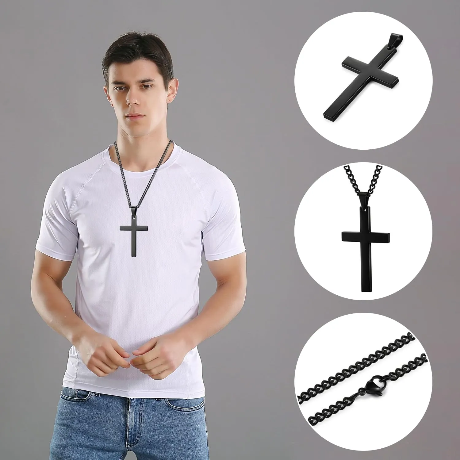 Maykafay Collana Croce Uomo, Crocifisso Collana Uomo in Acciaio Inossidabile, Catena con Pendente Croce Catenina, Nero - immagine 4