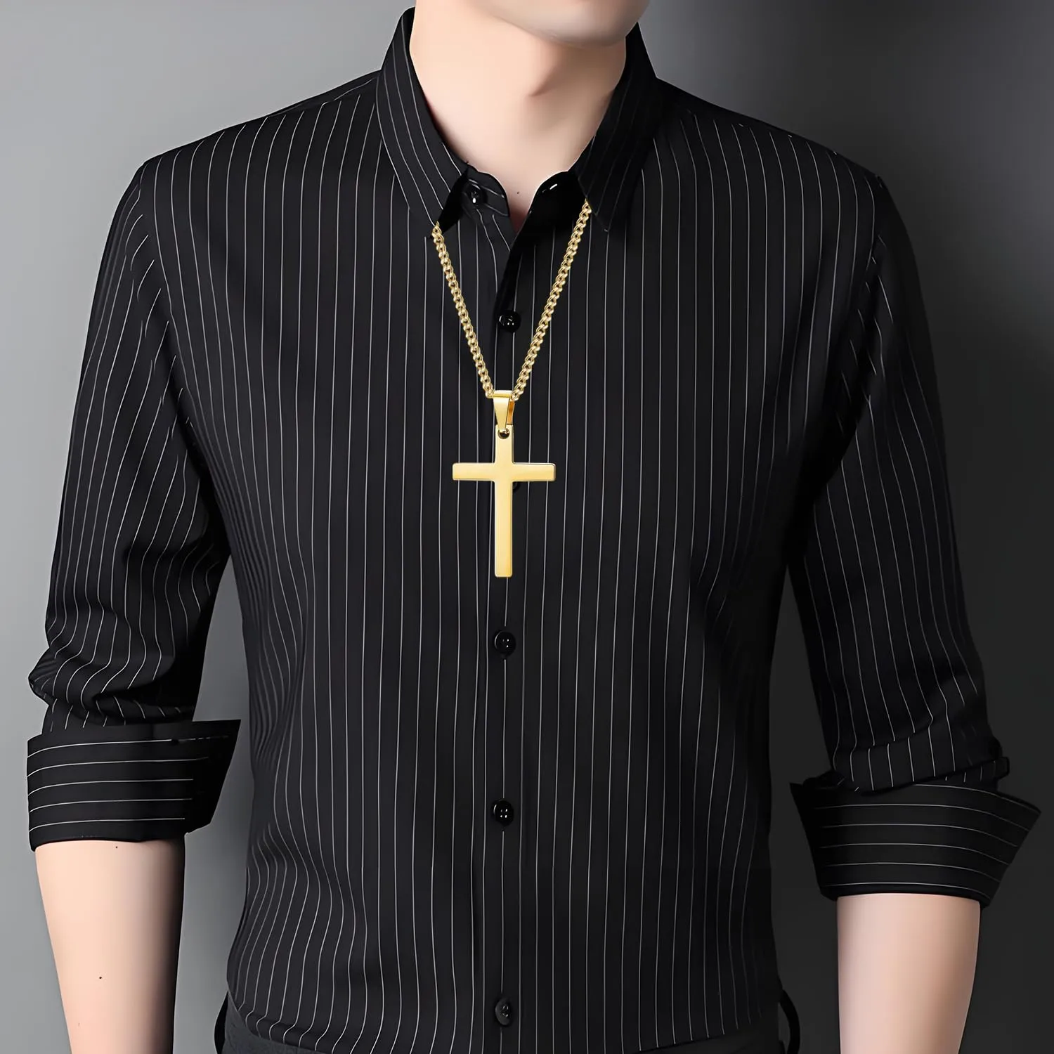 Maykafay Collana Croce Uomo, Crocifisso Collana Uomo in Acciaio Inossidabile, Catena con Pendente Croce Catenina, Oro - immagine 3