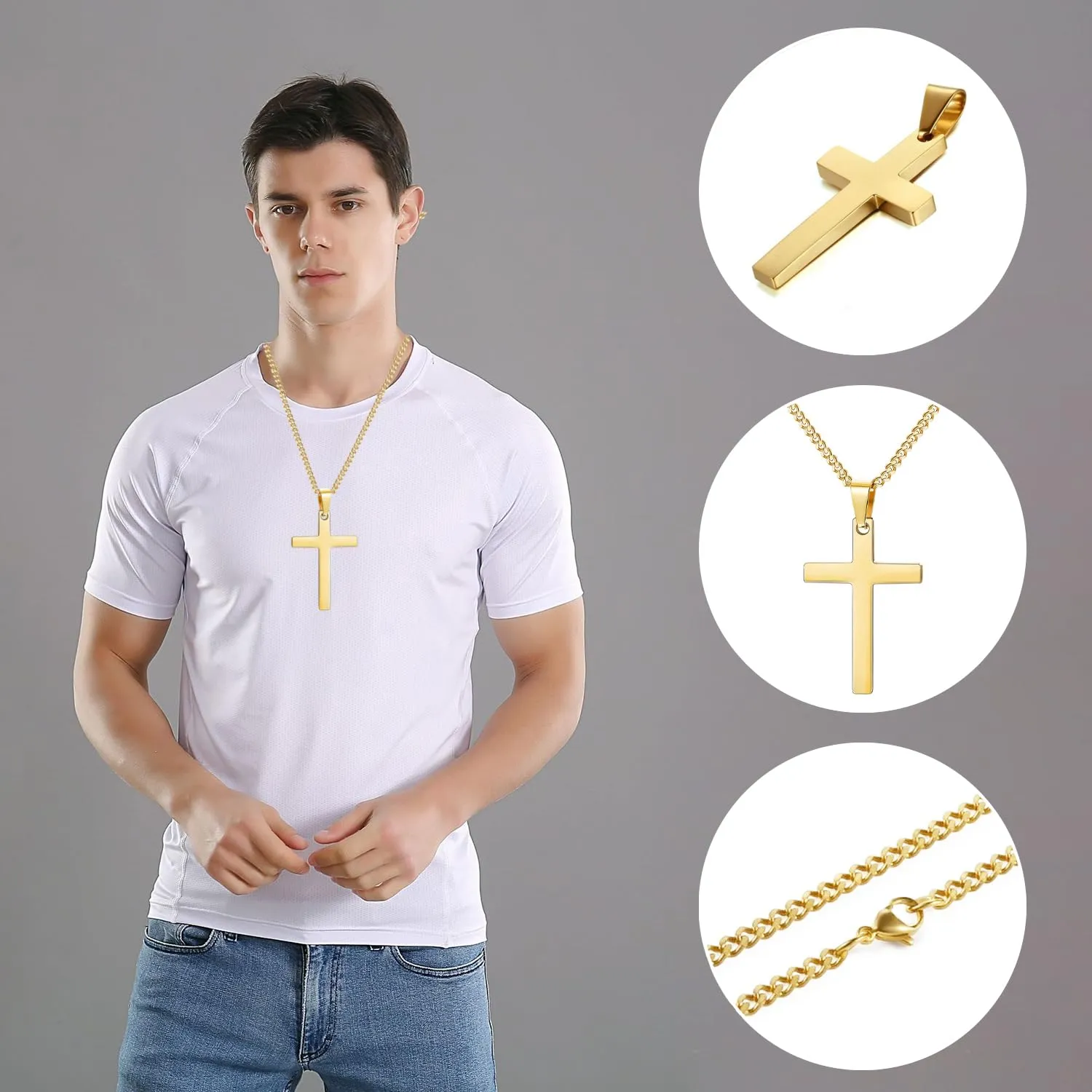 Maykafay Collana Croce Uomo, Crocifisso Collana Uomo in Acciaio Inossidabile, Catena con Pendente Croce Catenina, Oro - immagine 4