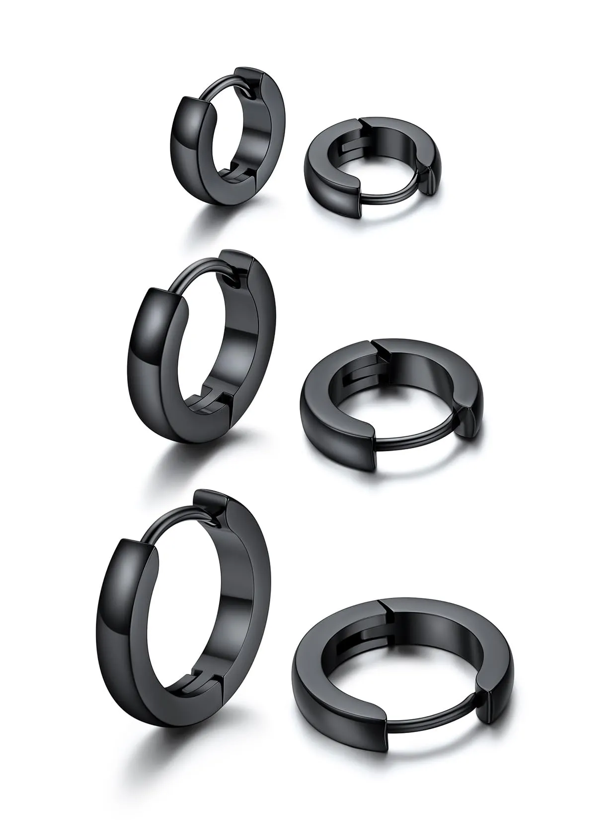 U7 3 Paia Orecchin Cerchio Uomo Donna Neri Acciaio Inox 7mm+9mm+12mm - immagine 1