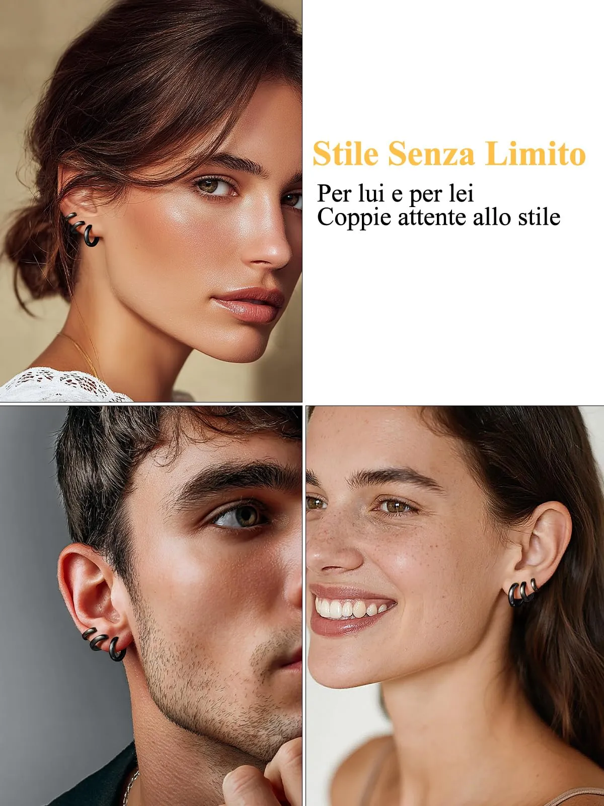 U7 3 Paia Orecchin Cerchio Uomo Donna Neri Acciaio Inox 7mm+9mm+12mm - immagine 2