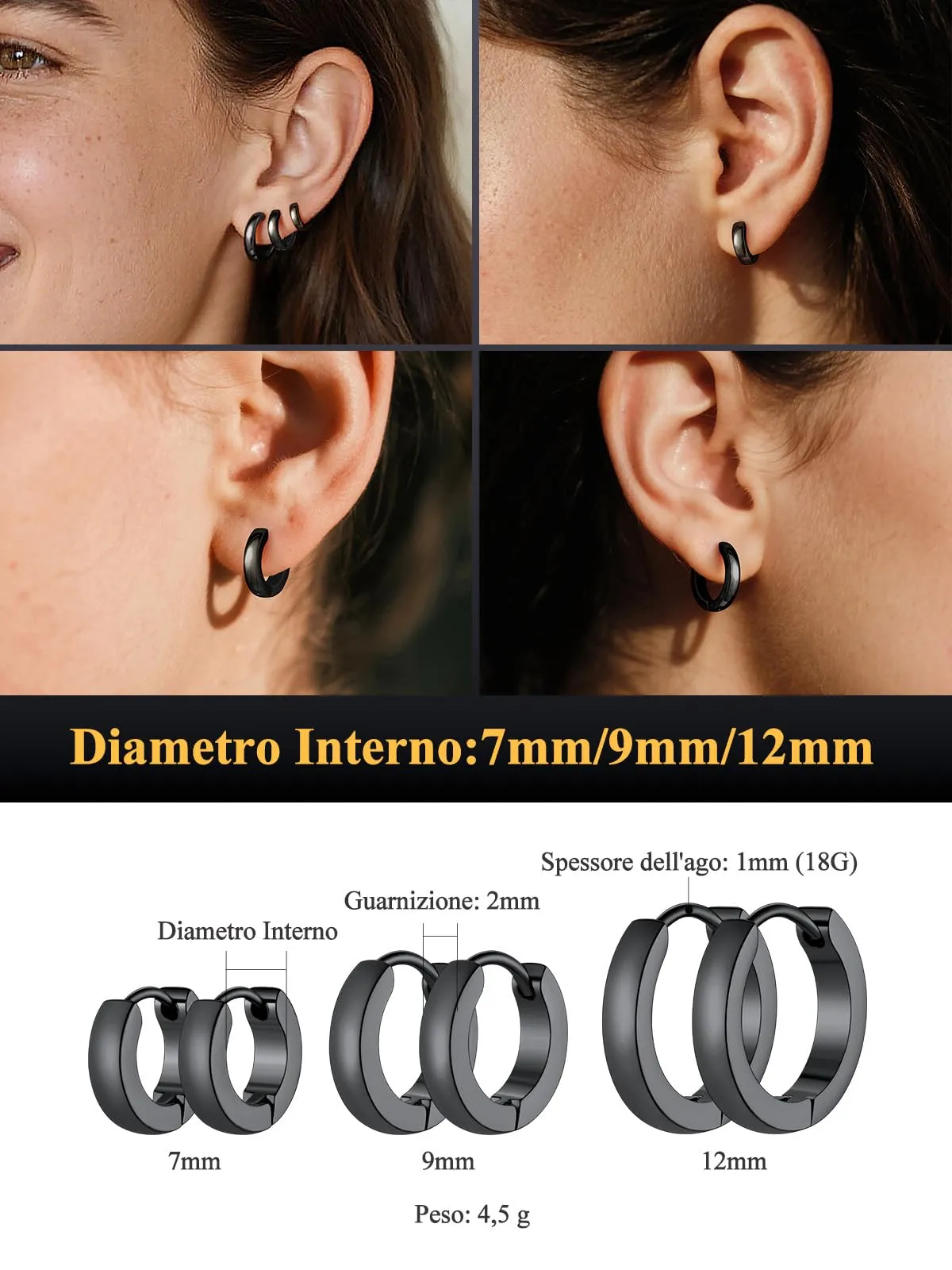 U7 3 Paia Orecchin Cerchio Uomo Donna Neri Acciaio Inox 7mm+9mm+12mm - immagine 5