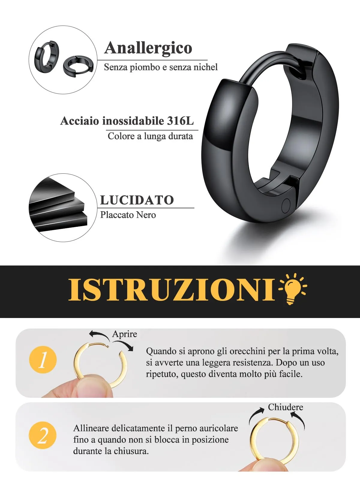 U7 3 Paia Orecchin Cerchio Uomo Donna Neri Acciaio Inox 7mm+9mm+12mm - immagine 6