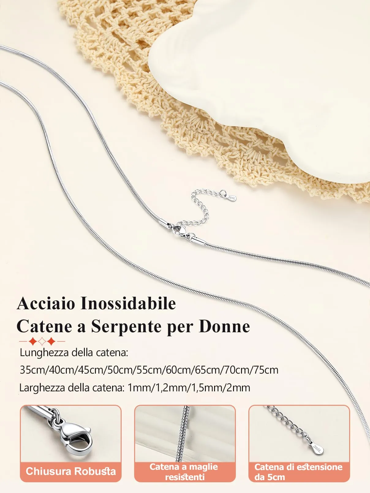 FaithHeart Collana Uomo Donna, Catenina Serpente Tonda,Larga 2mm Lunga 70cm, 316L Acciaio Inossidabile, Impermeabile di Alta Qualità, Gioielli da Regalo - immagine 5