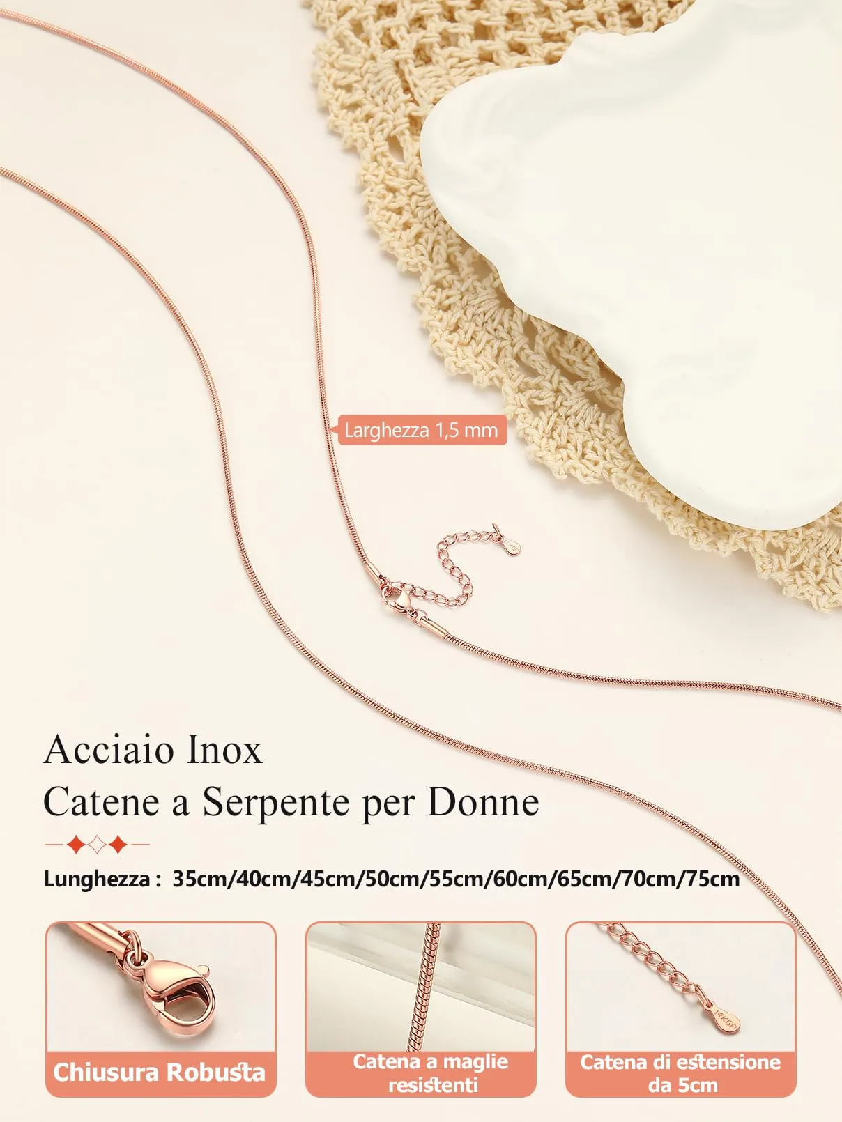 FaithHeart Collana Uomo Donna, Catenina Serpente Tonda,Larga 1,5mm Lunga 35cm, 316L Acciaio Inossidabile, Impermeabile di Alta Qualità, Gioielli da Regalo - immagine 4