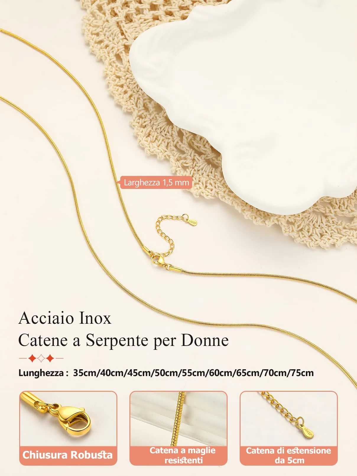 FaithHeart Collana Uomo Donna, Catenina Serpente Tonda,Larga 1,5mm Lunga 50cm, 316L Acciaio Inossidabile, Impermeabile di Alta Qualità, Gioielli da Regalo - immagine 3