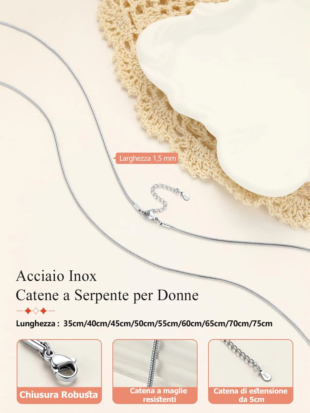 FaithHeart Collana Uomo Donna, Catenina Serpente Tonda,Larga 1,5mm Lunga 55cm, 316L Acciaio Inossidabile, Impermeabile di Alta Qualità, Gioielli da Regalo - immagine 8