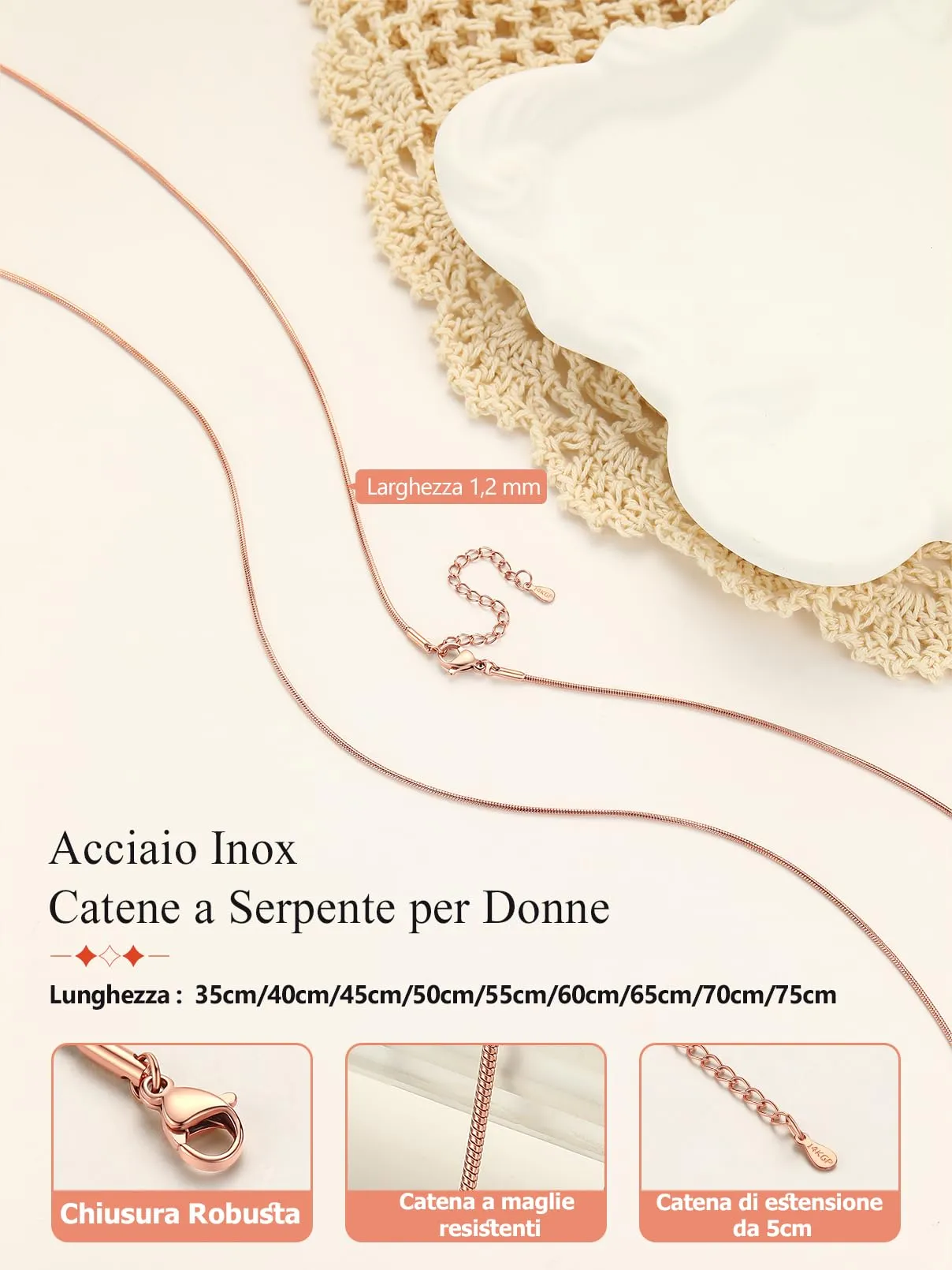 FaithHeart Collana Uomo Donna, Catenina Serpente Tonda,Larga 1,2mm Lunga 45cm, 316L Acciaio Inossidabile, Impermeabile di Alta Qualità, Gioielli da Regalo - immagine 4