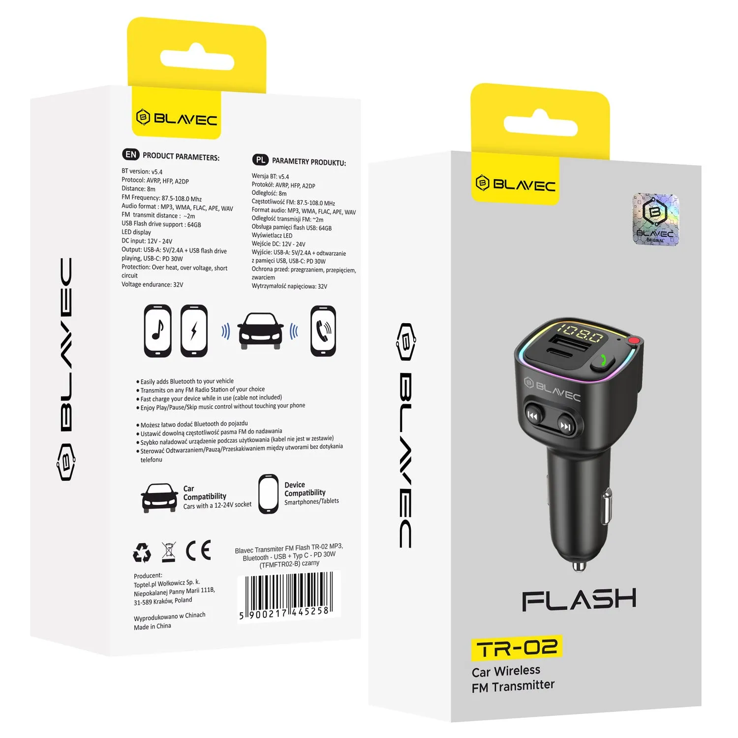 Modulatore FM Bluetooth Blavec Flash TR-02, 1 x USB-A - 1 x USB-C - immagine 1