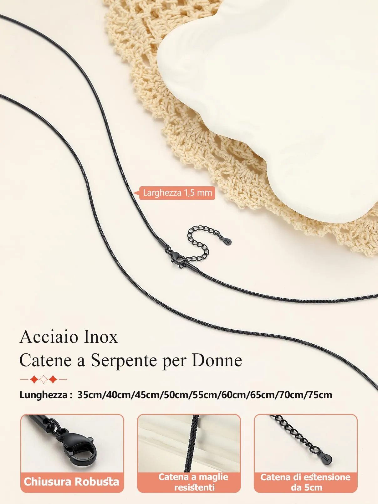 FaithHeart Collana Uomo Donna, Catenina Serpente Tonda,Larga 1,5mm Lunga 55cm, 316L Acciaio Inossidabile, Impermeabile di Alta Qualità, Gioielli da Regalo - immagine 3