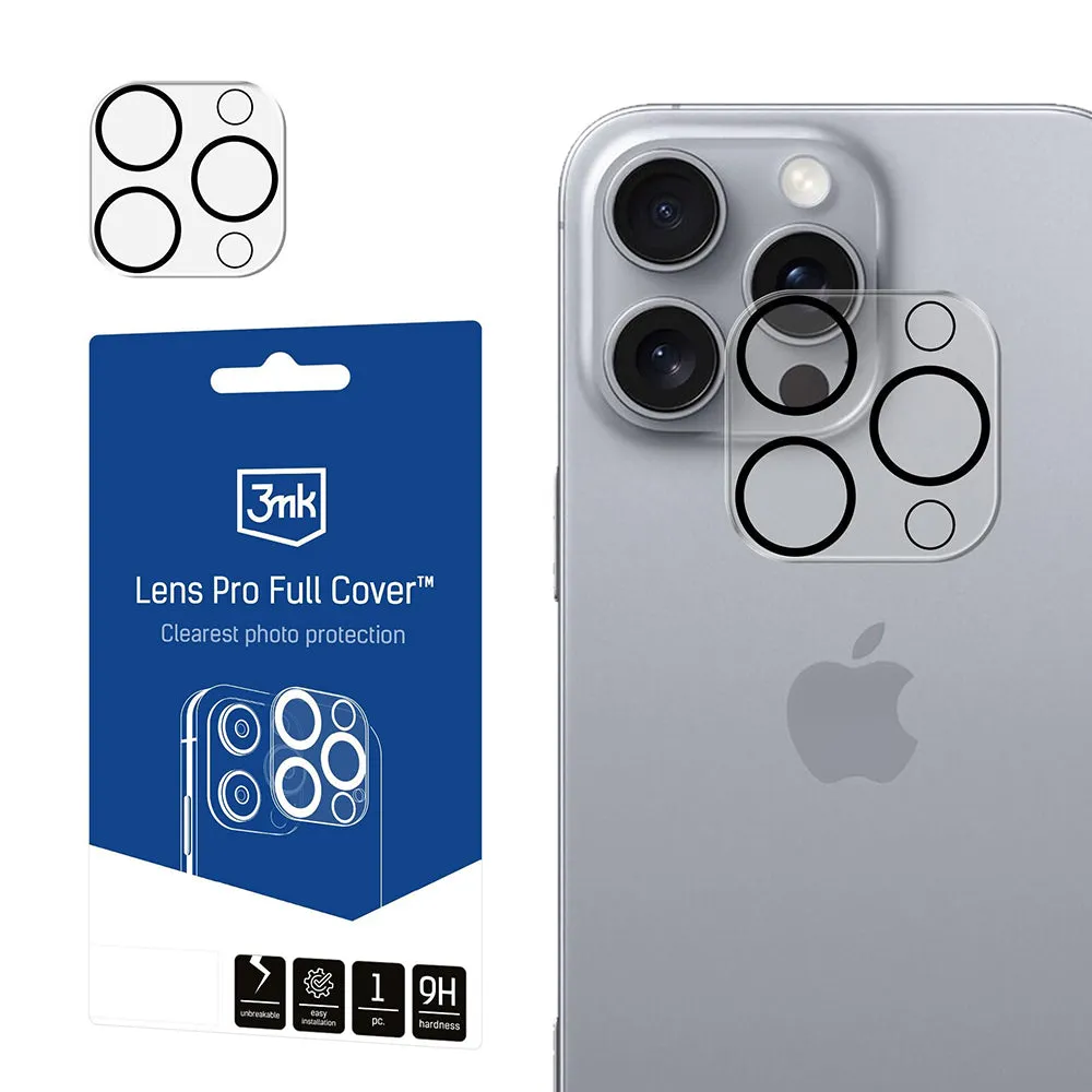 Pellicola protettiva per fotocamera posteriore 3MK Pro Full Cover per Apple iPhone 16 Pro Max / 16 Pro, Vetro temperato, Nero - immagine 1
