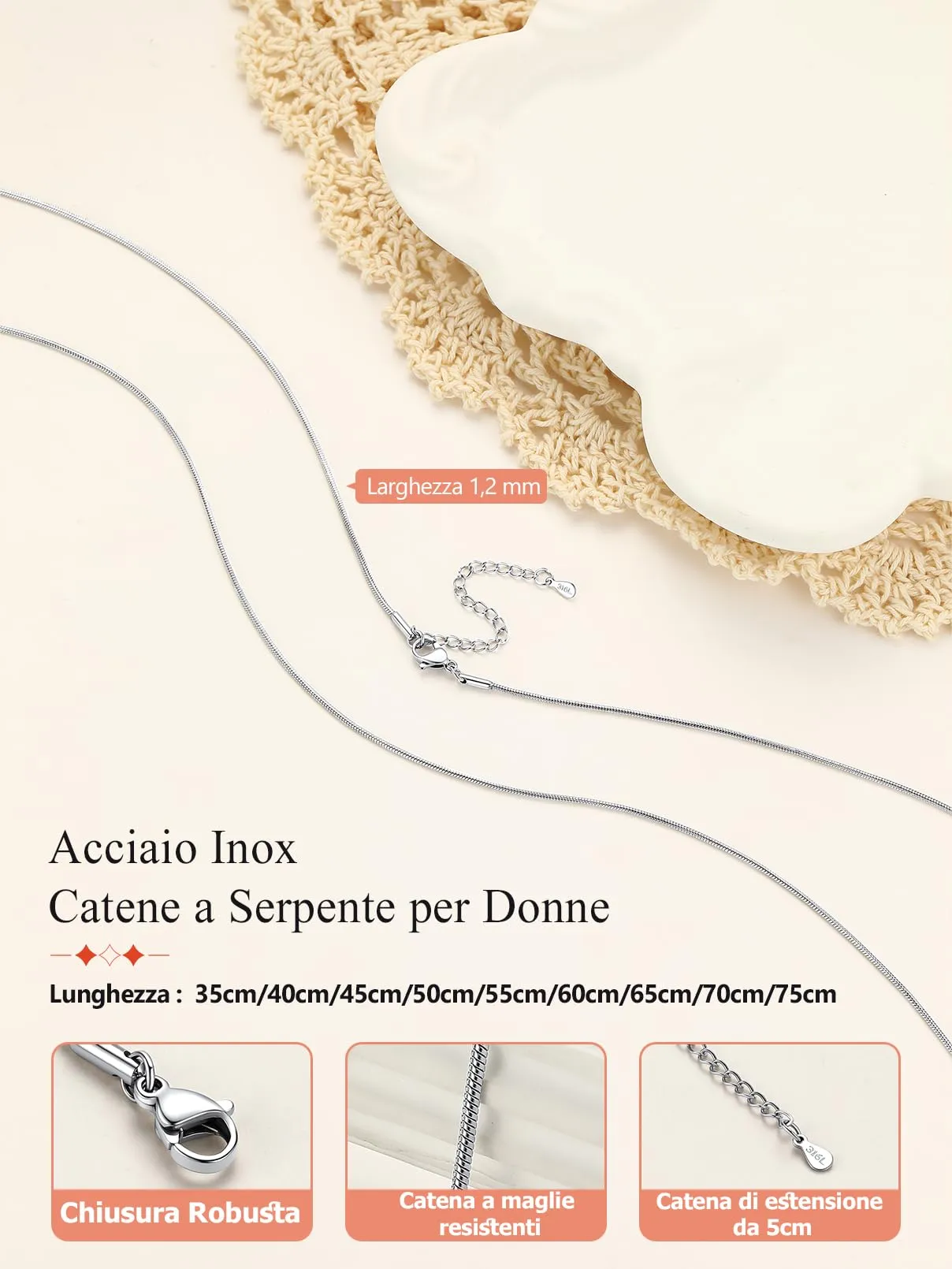 FaithHeart Collana Uomo Donna, Catenina Serpente Tonda,Larga 1,2mm Lunga 55cm, 316L Acciaio Inossidabile, Impermeabile di Alta Qualità, Gioielli da Regalo - immagine 6