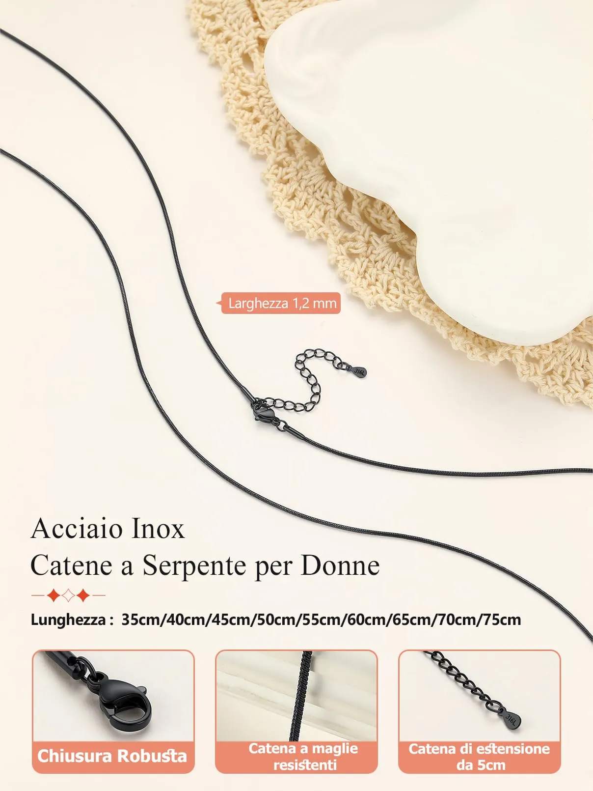 FaithHeart Collana Uomo Donna, Catenina Serpente Tonda,Larga 1,2mm Lunga 35cm, 316L Acciaio Inossidabile, Impermeabile di Alta Qualità, Gioielli da Regalo - immagine 5