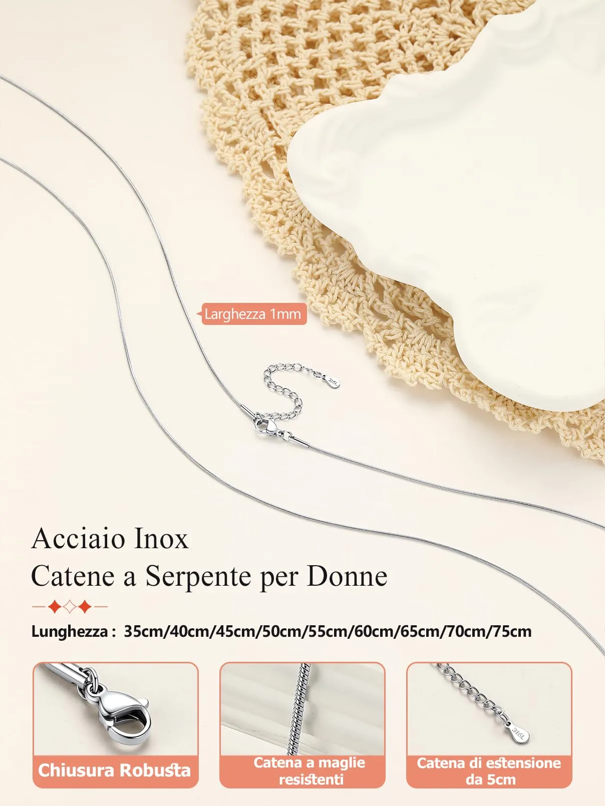 FaithHeart Collana Uomo Donna, Catenina Serpente Tonda,Larga 1mm Lunga 65cm, 316L Acciaio Inossidabile, Impermeabile di Alta Qualità, Gioielli da Regalo - immagine 9