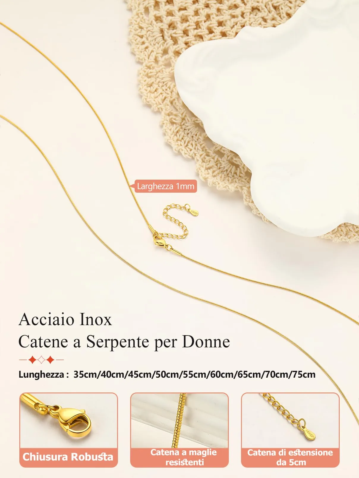 FaithHeart Collana Uomo Donna, Catenina Serpente Tonda,Larga 1mm Lunga 50cm, 316L Acciaio Inossidabile, Impermeabile di Alta Qualità, Gioielli da Regalo - immagine 3
