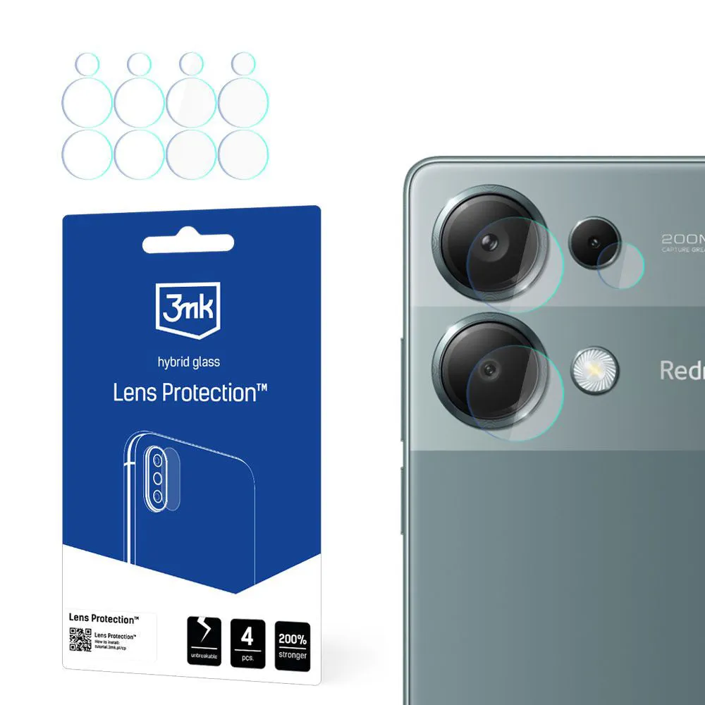 Pellicola protettiva per fotocamera posteriore 3MK Protection per Xiaomi Redmi Note 13 Pro 4G, Vetro Flessibile, Set da 4 pezzi, Trasparente - immagine 1