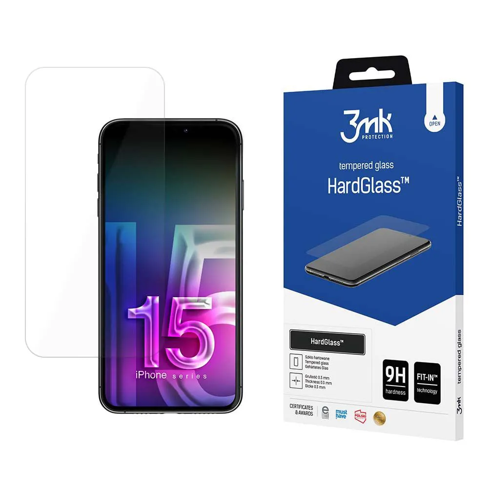 Pellicola protettiva per schermo 3MK HardGlass per Apple iPhone 15, Vetro Temperato, Full Glue - immagine 1