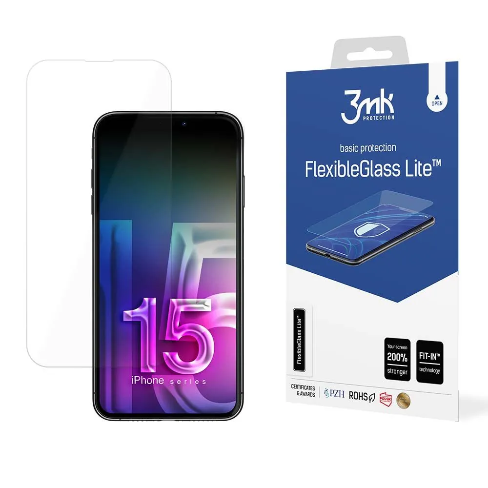 Pellicola protettiva per schermo 3MK FlexibleGlass Lite per Apple iPhone 15, Vetro Flessibile, Colla Completa - immagine 1