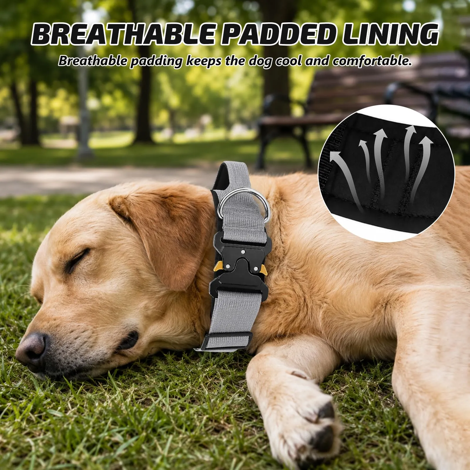 Collare Cane, Collare Tattico Regolabile per Cani Taglia Grande e Media, Larga 3,8 cm, Collari Militare in Nylon per Cani con Maniglia e Robusta Fibbia Metallica Sblocco Rapido (Grigio, L) - immagine 4
