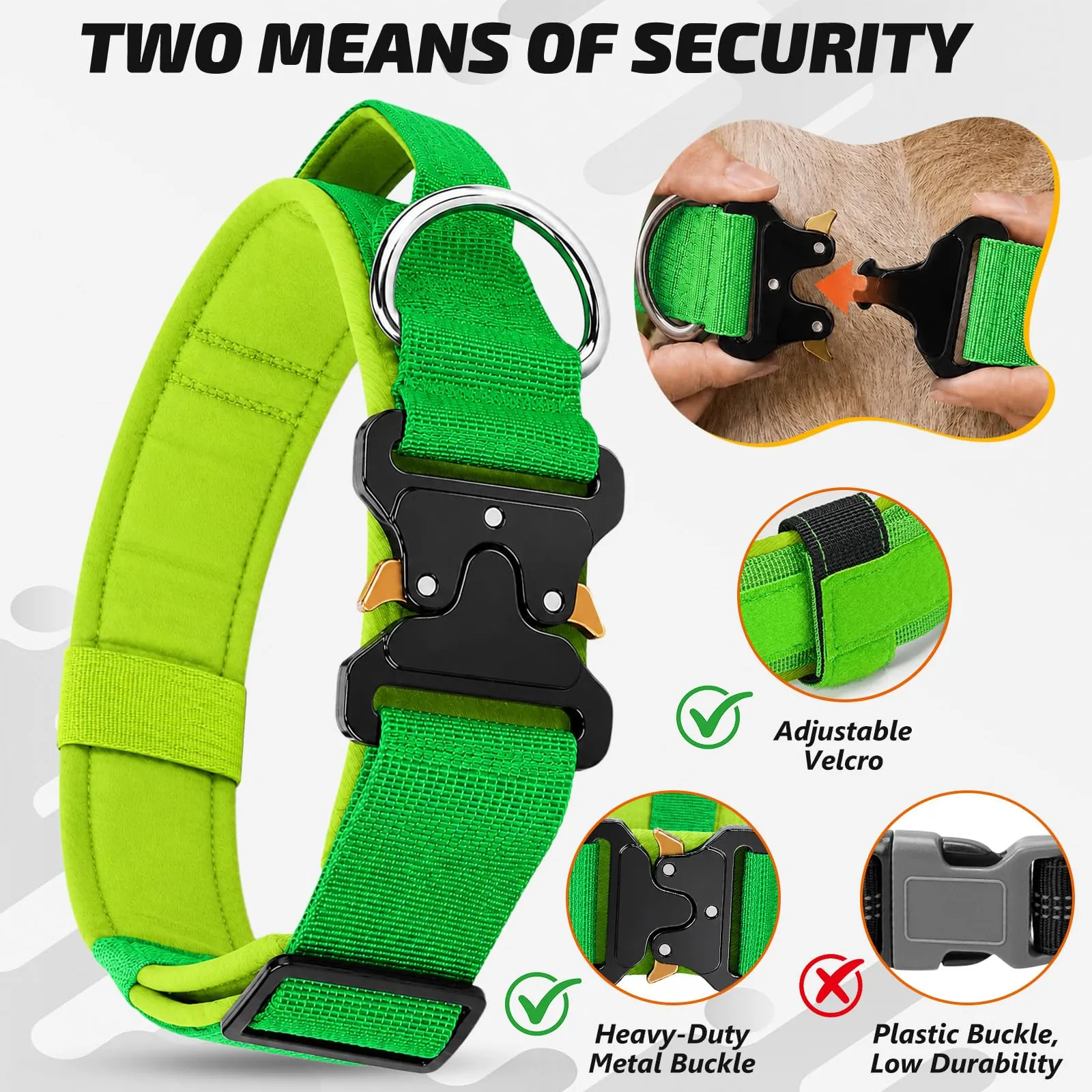 Collare Cane, Collare Tattico Regolabile per Cani Taglia Grande e Media, Larga 3,8 cm, Collari Militare in Nylon per Cani con Maniglia e Robusta Fibbia Metallica Sblocco Rapido (Verde, XL) - immagine 2