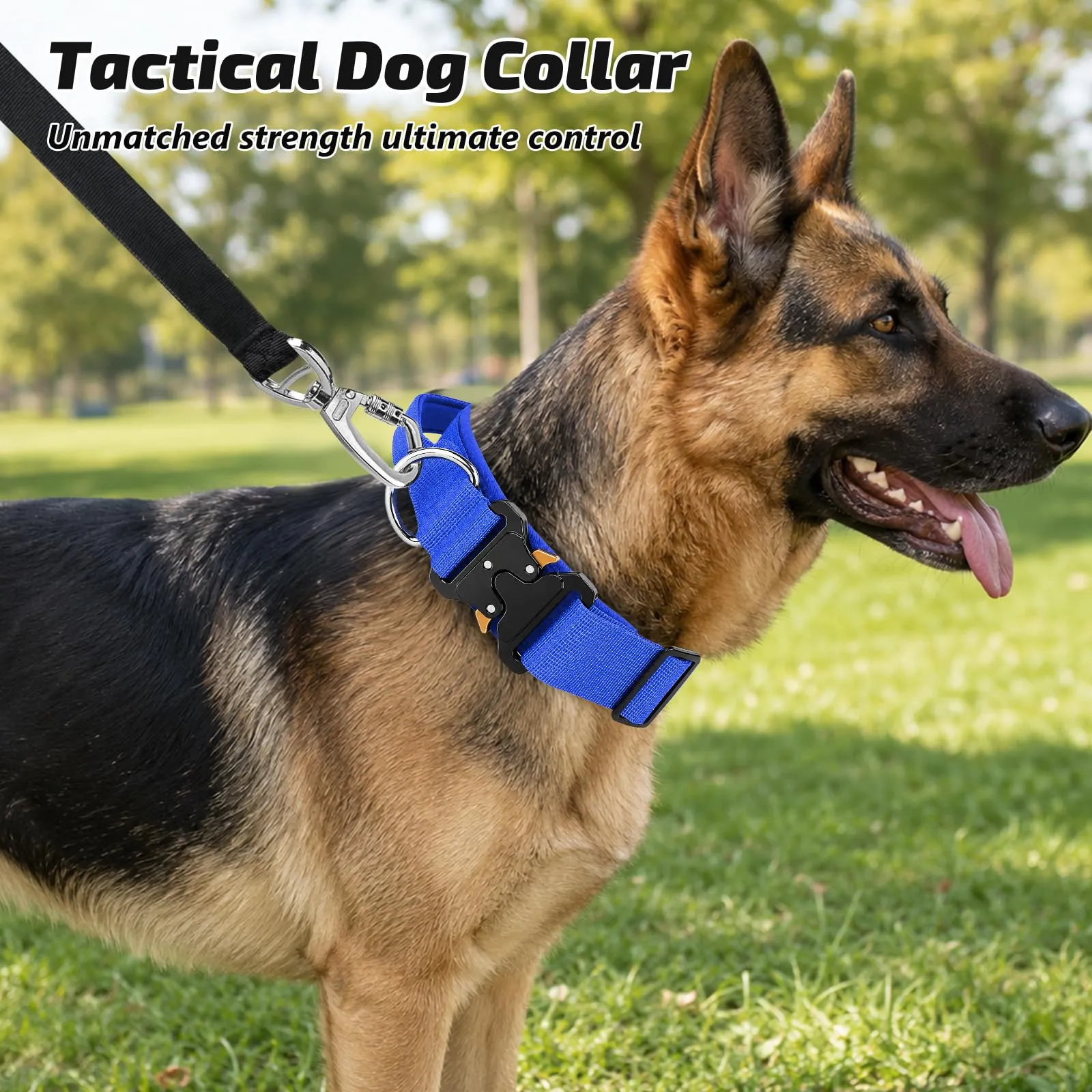 Collare Cane, Collare Tattico Regolabile per Cani Taglia Grande e Media, Larga 3,8 cm, Collari Militare in Nylon per Cani con Maniglia e Robusta Fibbia Metallica Sblocco Rapido (Blu Navy, L) - immagine 7