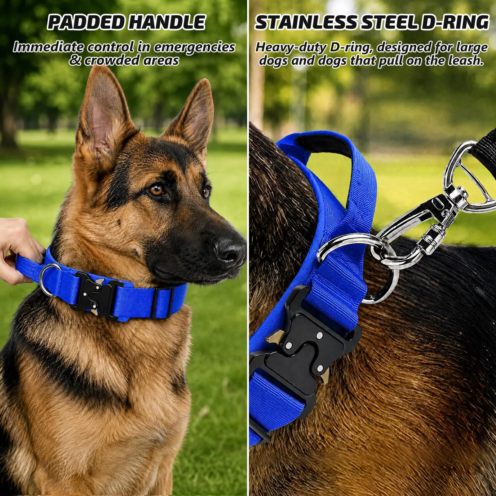 Collare Cane, Collare Tattico Regolabile per Cani Taglia Grande e Media, Larga 3,8 cm, Collari Militare in Nylon per Cani con Maniglia e Robusta Fibbia Metallica Sblocco Rapido (Blu Navy, XL) - immagine 3