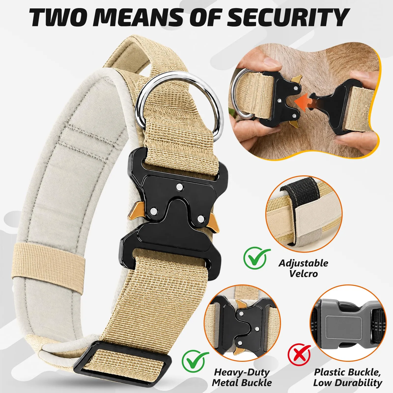 Collare Cane, Collare Tattico Regolabile per Cani Taglia Grande e Media, Larga 3,8 cm, Collari Militare in Nylon per Cani con Maniglia e Robusta Fibbia Metallica Sblocco Rapido (Beige, XL) - immagine 2