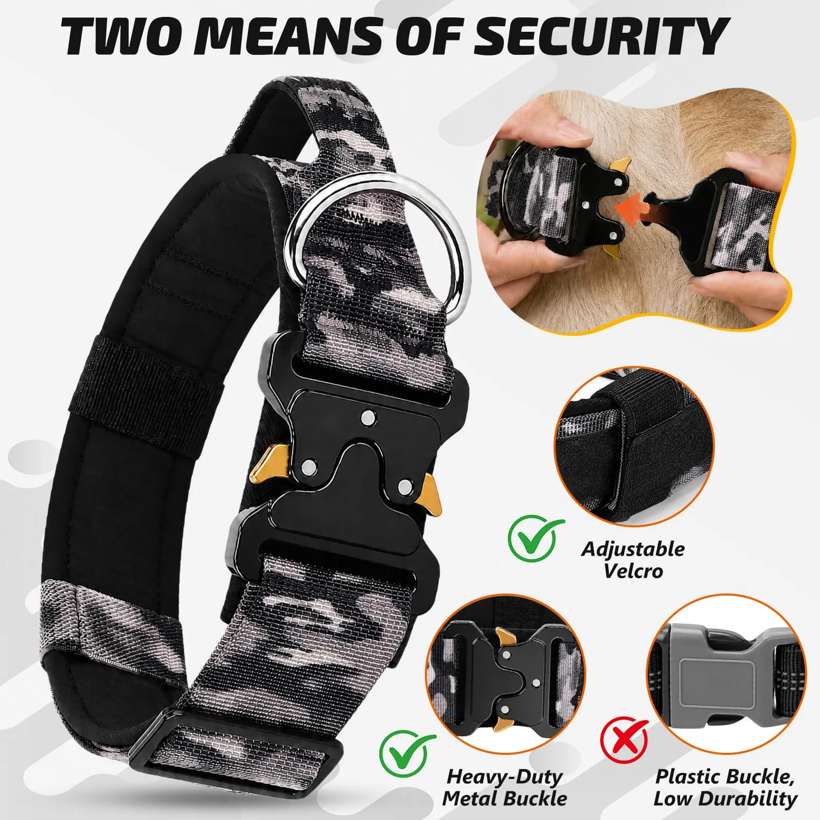 Collare Cane, Collare Tattico Regolabile per Cani Taglia Grande e Media, Larga 3,8 cm, Collari Militare in Nylon per Cani con Maniglia e Robusta Fibbia Metallica Sblocco Rapido (Grigio Mimetico, XL) - immagine 2