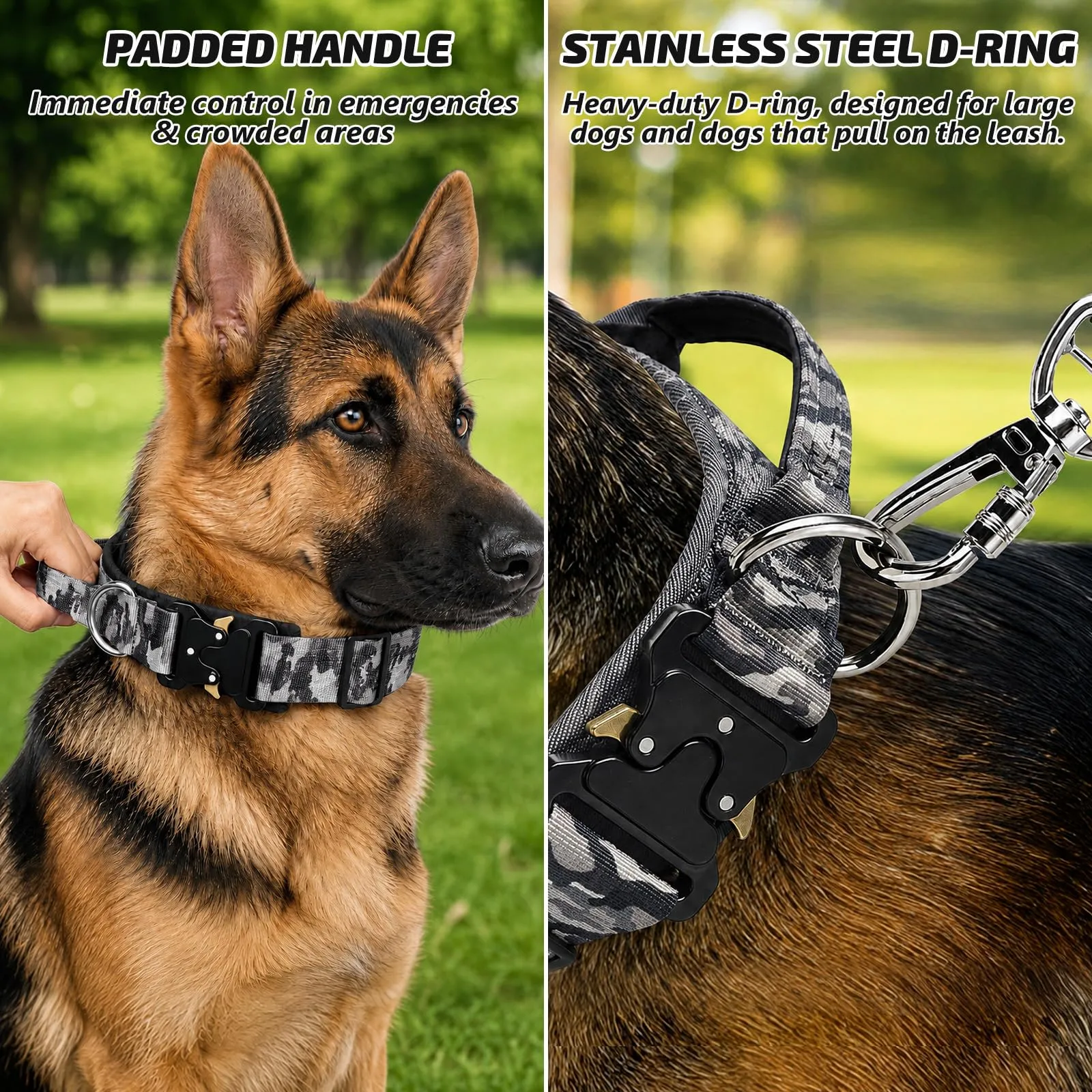 Collare Cane, Collare Tattico Regolabile per Cani Taglia Grande e Media, Larga 3,8 cm, Collari Militare in Nylon per Cani con Maniglia e Robusta Fibbia Metallica Sblocco Rapido (Grigio Mimetico, XL) - immagine 3