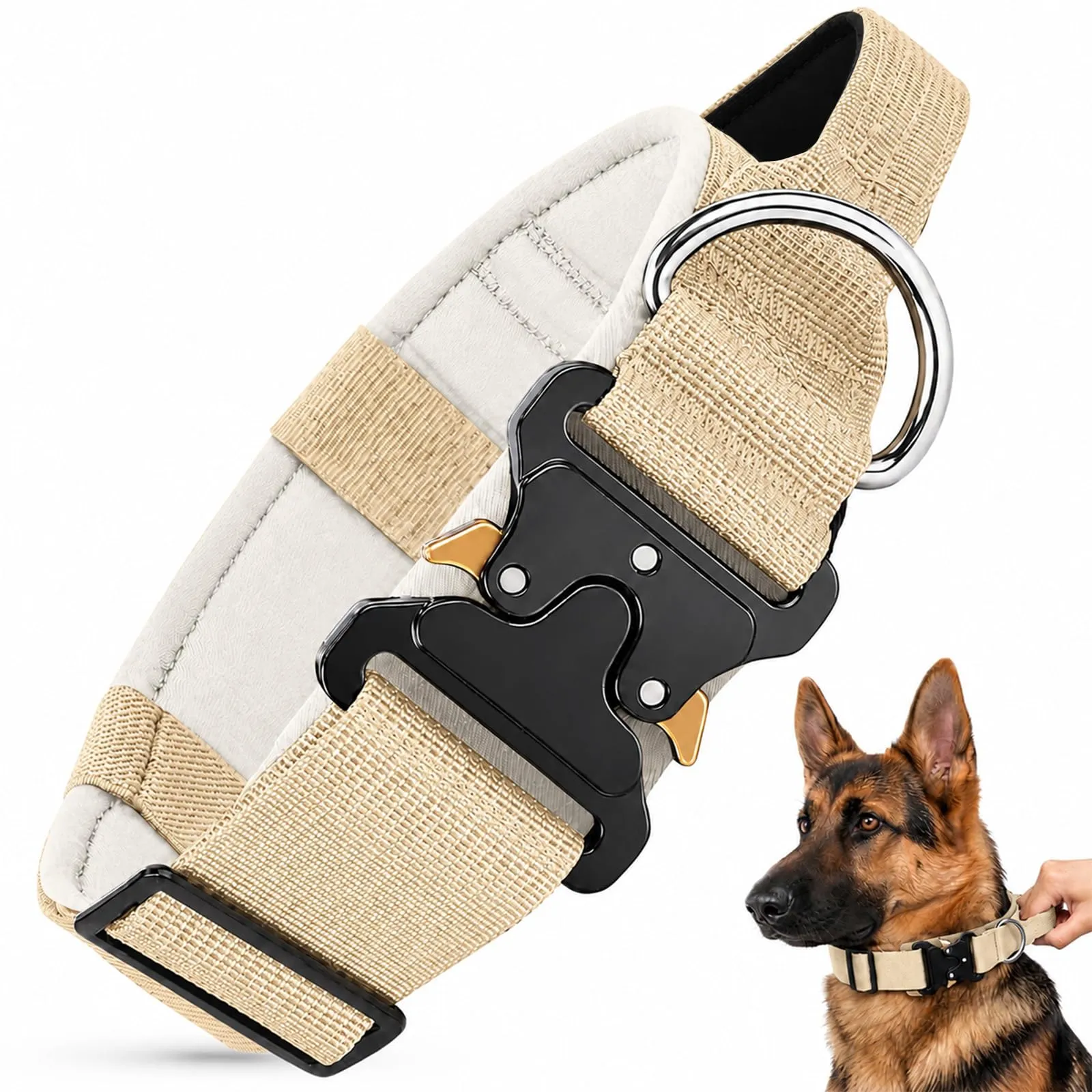 Collare Cane, Collare Tattico Regolabile per Cani Taglia Grande e Media, Larga 3,8 cm, Collari Militare in Nylon per Cani con Maniglia e Robusta Fibbia Metallica Sblocco Rapido (Beige, M) - immagine 1