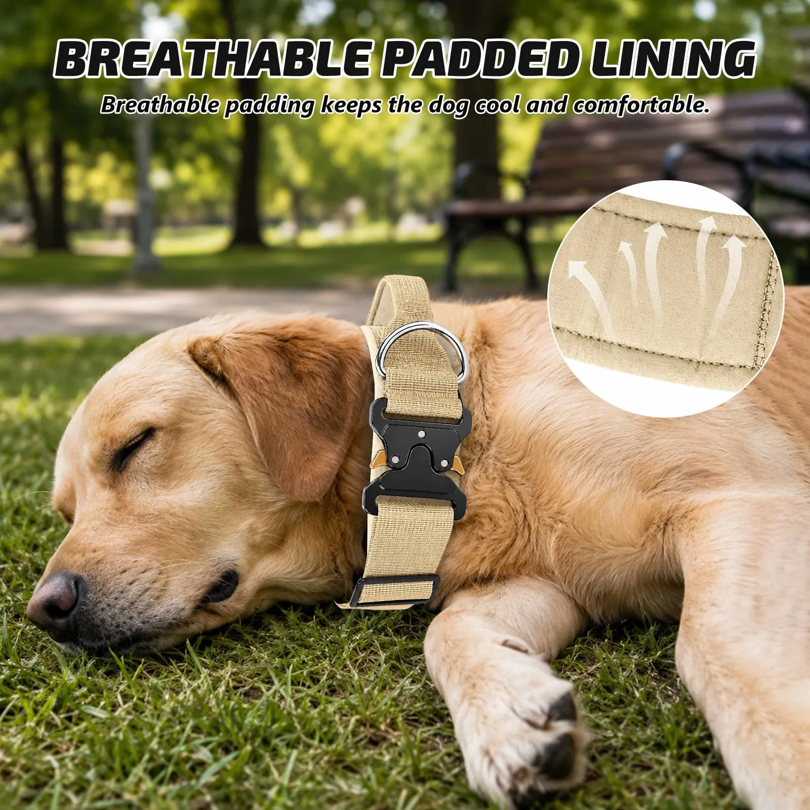 Collare Cane, Collare Tattico Regolabile per Cani Taglia Grande e Media, Larga 3,8 cm, Collari Militare in Nylon per Cani con Maniglia e Robusta Fibbia Metallica Sblocco Rapido (Beige, M) - immagine 4
