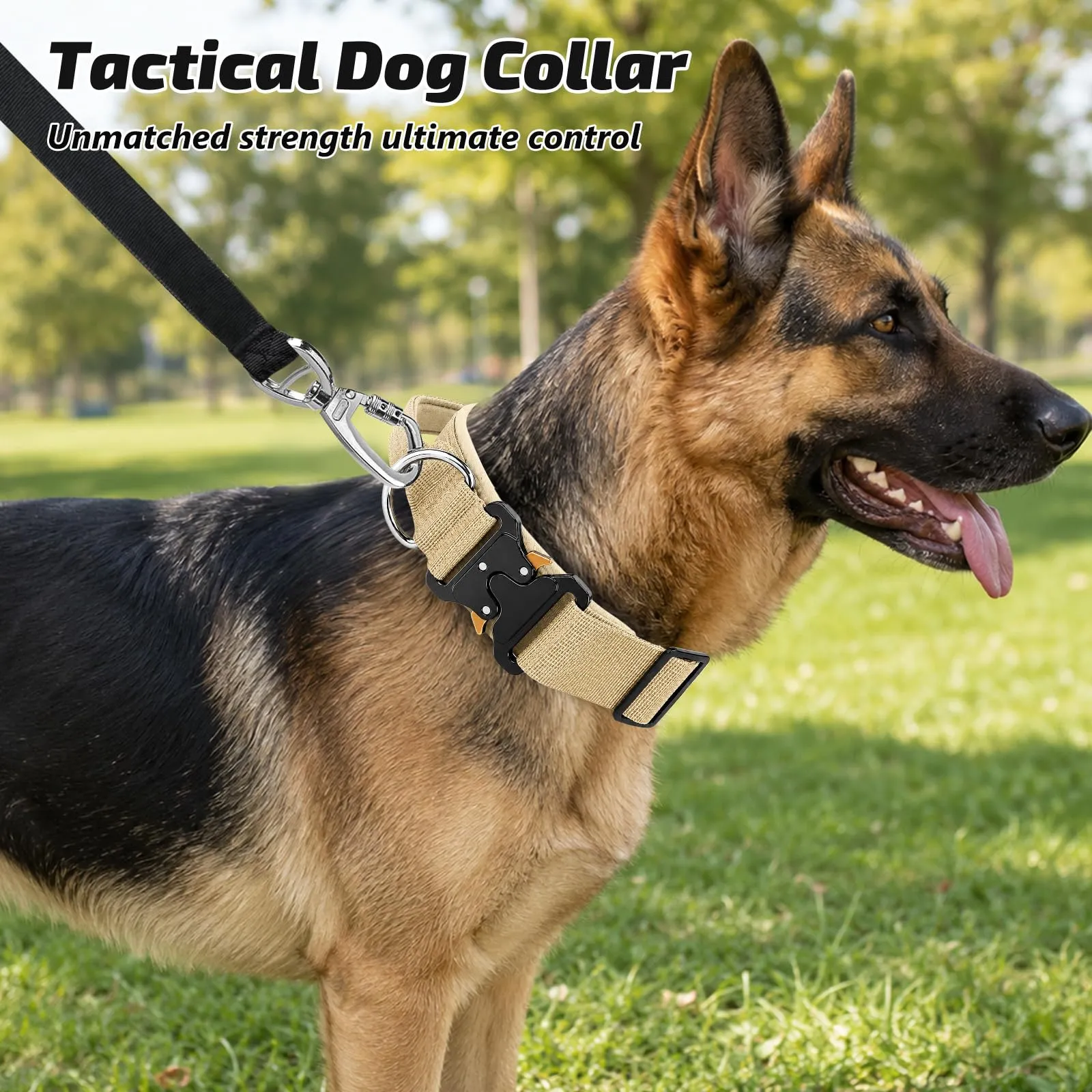 Collare Cane, Collare Tattico Regolabile per Cani Taglia Grande e Media, Larga 3,8 cm, Collari Militare in Nylon per Cani con Maniglia e Robusta Fibbia Metallica Sblocco Rapido (Beige, M) - immagine 7