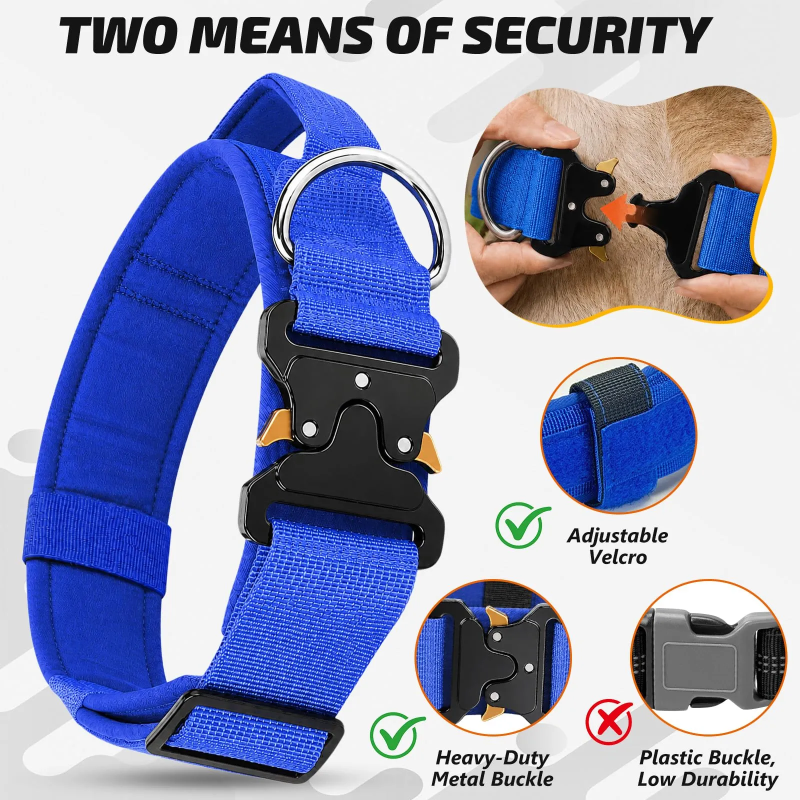 Collare Cane, Collare Tattico Regolabile per Cani Taglia Grande e Media, Larga 3,8 cm, Collari Militare in Nylon per Cani con Maniglia e Robusta Fibbia Metallica Sblocco Rapido (Blu Navy, M) - immagine 2