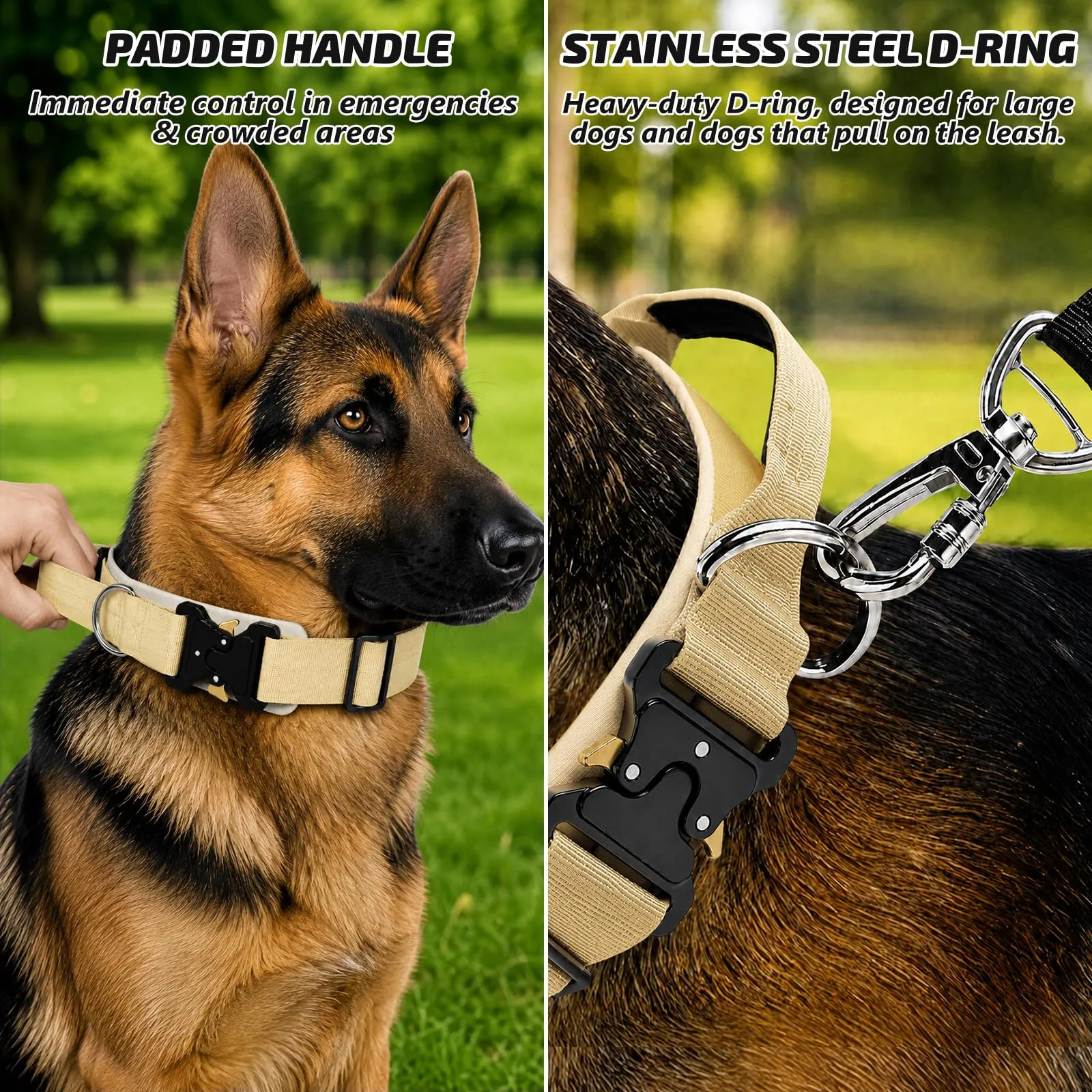 Collare Cane, Collare Tattico Regolabile per Cani Taglia Grande e Media, Larga 3,8 cm, Collari Militare in Nylon per Cani con Maniglia e Robusta Fibbia Metallica Sblocco Rapido (Beige, L) - immagine 3