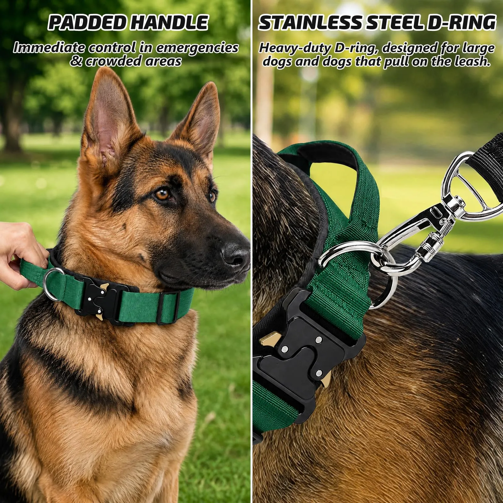 Collare Cane, Collare Tattico Regolabile per Cani Taglia Grande e Media, Larga 3,8 cm, Collari Militare in Nylon per Cani con Maniglia e Robusta Fibbia Metallica Sblocco Rapido (Verde Smeraldo, M) - immagine 3