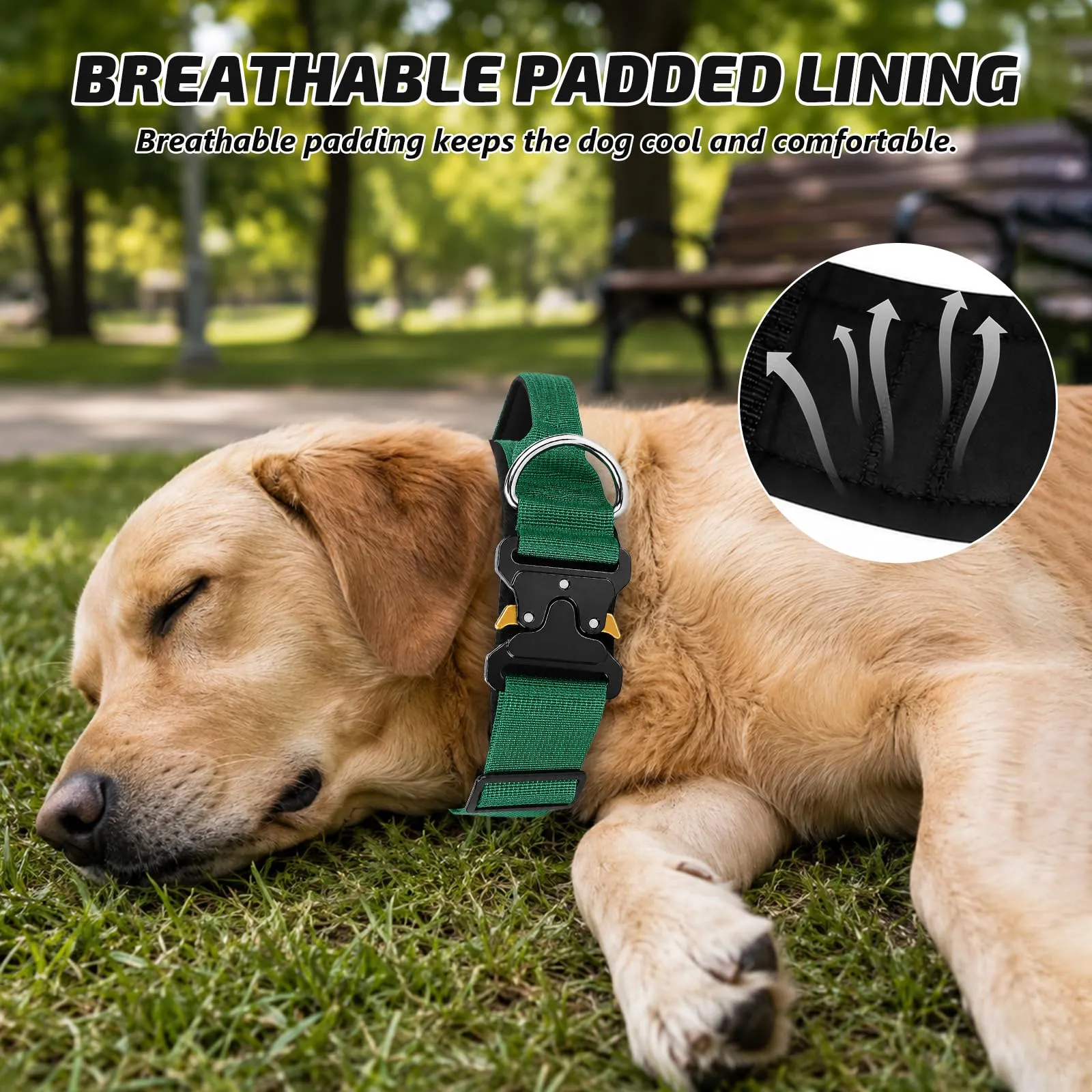 Collare Cane, Collare Tattico Regolabile per Cani Taglia Grande e Media, Larga 3,8 cm, Collari Militare in Nylon per Cani con Maniglia e Robusta Fibbia Metallica Sblocco Rapido (Verde Smeraldo, M) - immagine 4