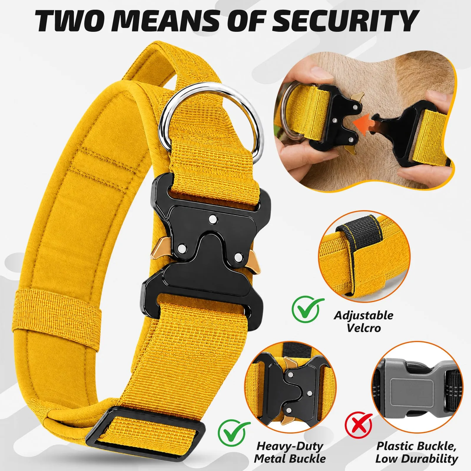 Collare Cane, Collare Tattico Regolabile per Cani Taglia Grande e Media, Larga 3,8 cm, Collari Militare in Nylon per Cani con Maniglia e Robusta Fibbia Metallica Sblocco Rapido (Giallo, XL) - immagine 2