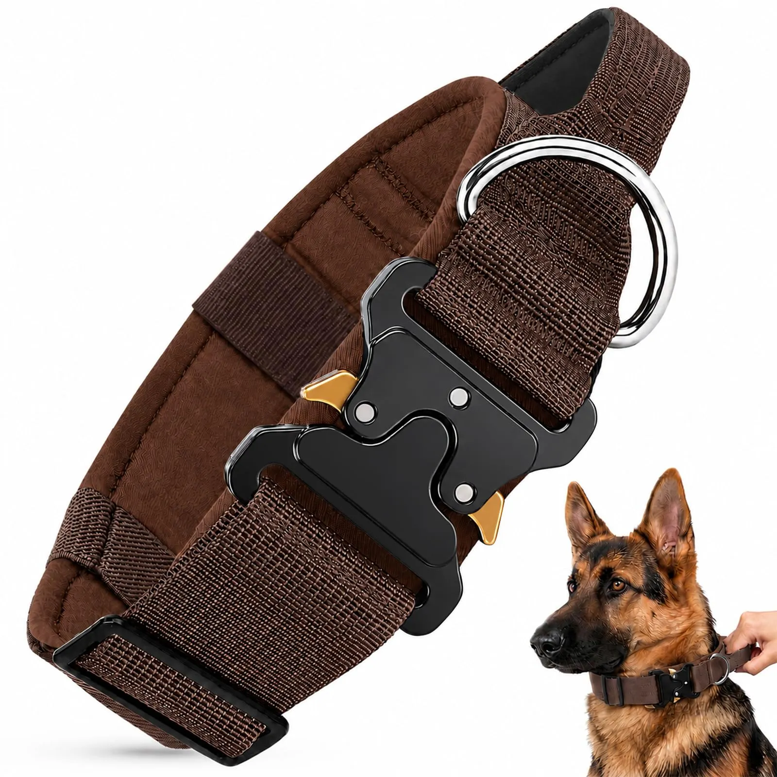 Collare Cane, Collare Tattico Regolabile per Cani Taglia Grande e Media, Larga 3,8 cm, Collari Militare in Nylon per Cani con Maniglia e Robusta Fibbia Metallica Sblocco Rapido (Marrone Scuro, XL) - immagine 1