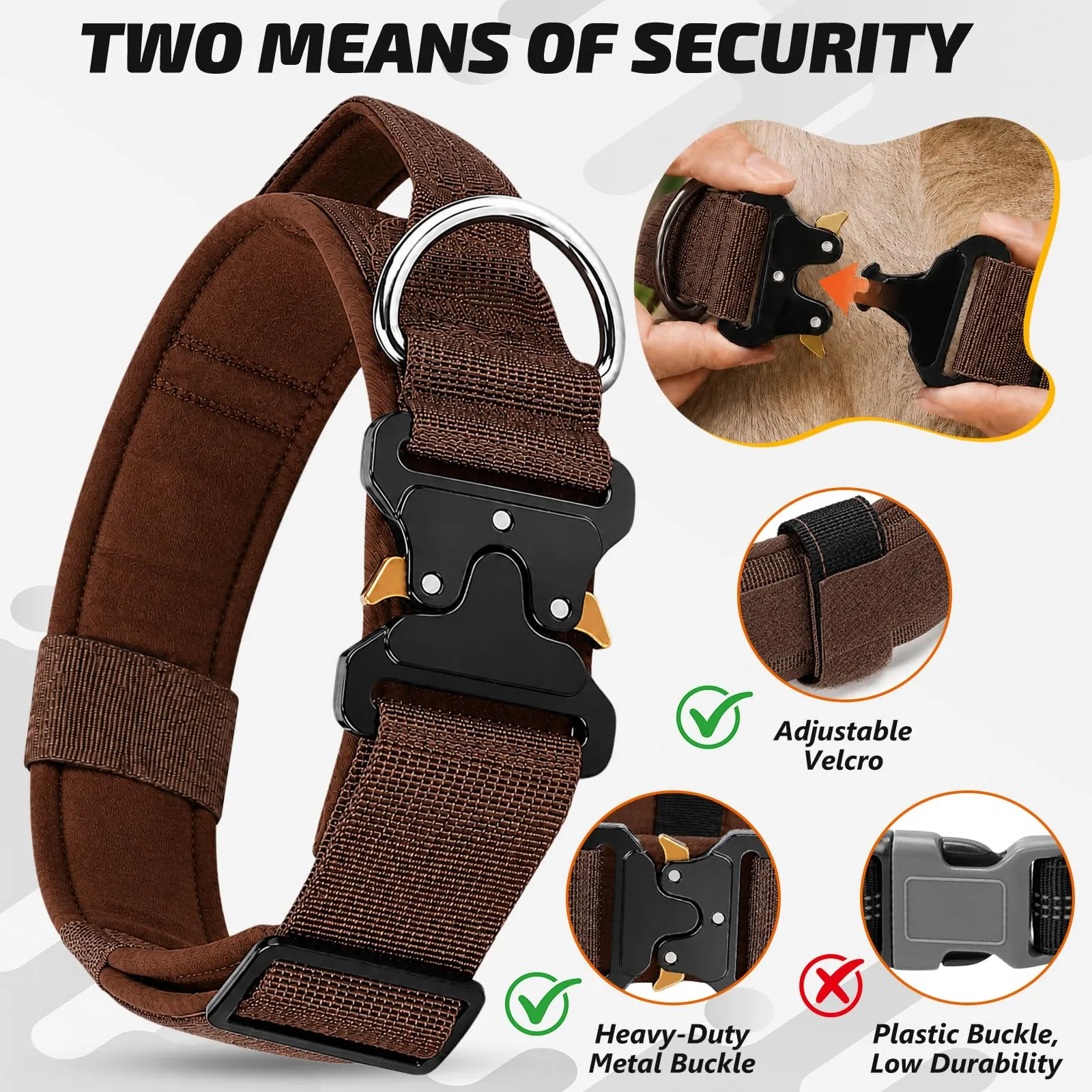 Collare Cane, Collare Tattico Regolabile per Cani Taglia Grande e Media, Larga 3,8 cm, Collari Militare in Nylon per Cani con Maniglia e Robusta Fibbia Metallica Sblocco Rapido (Marrone Scuro, XL) - immagine 2