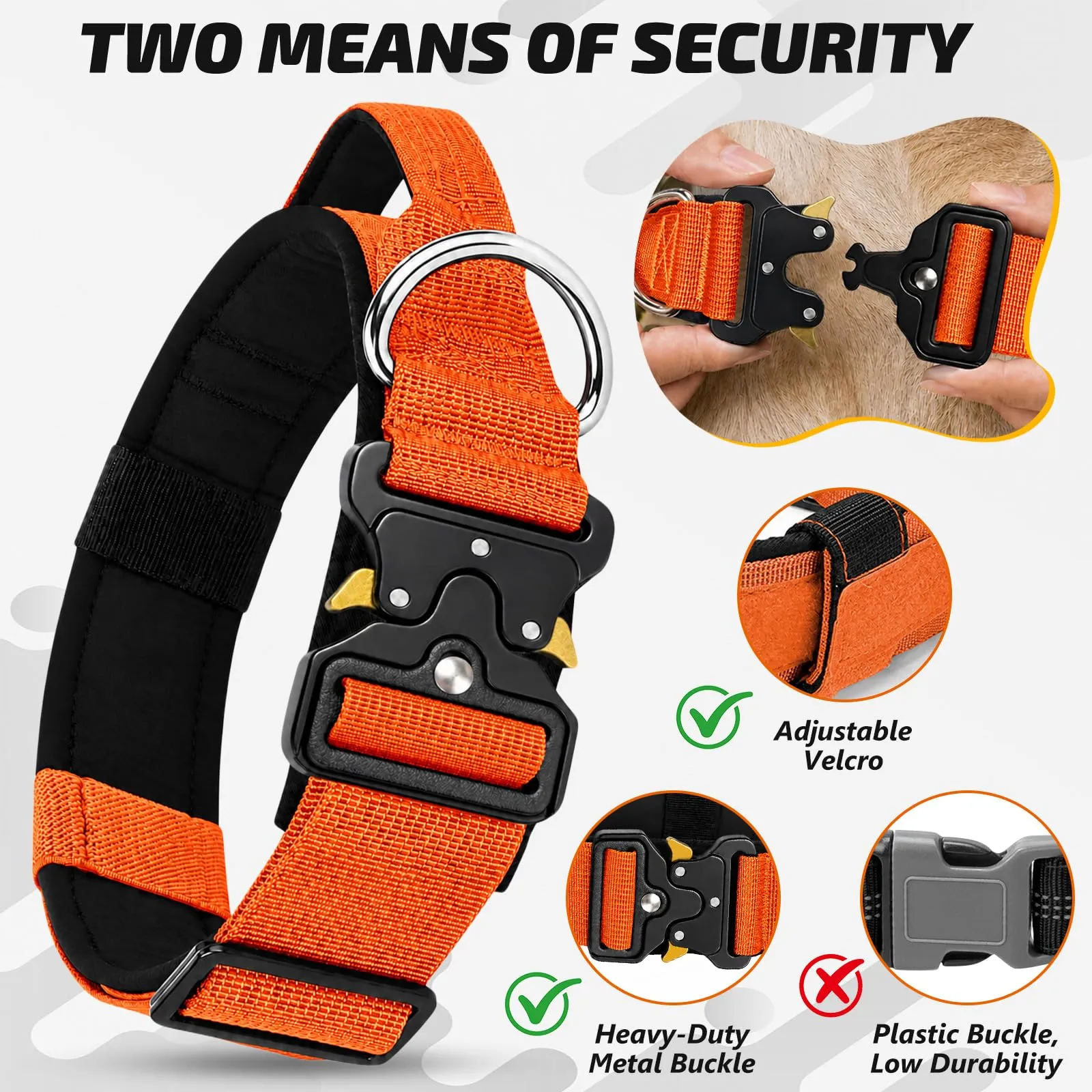 Collare Cane, Collare Tattico Regolabile per Cani Taglia Grande e Media, Larga 3,8 cm, Collari Militare in Nylon per Cani con Maniglia e Robusta Fibbia Metallica Sblocco Rapido (Arancione, M) - immagine 2