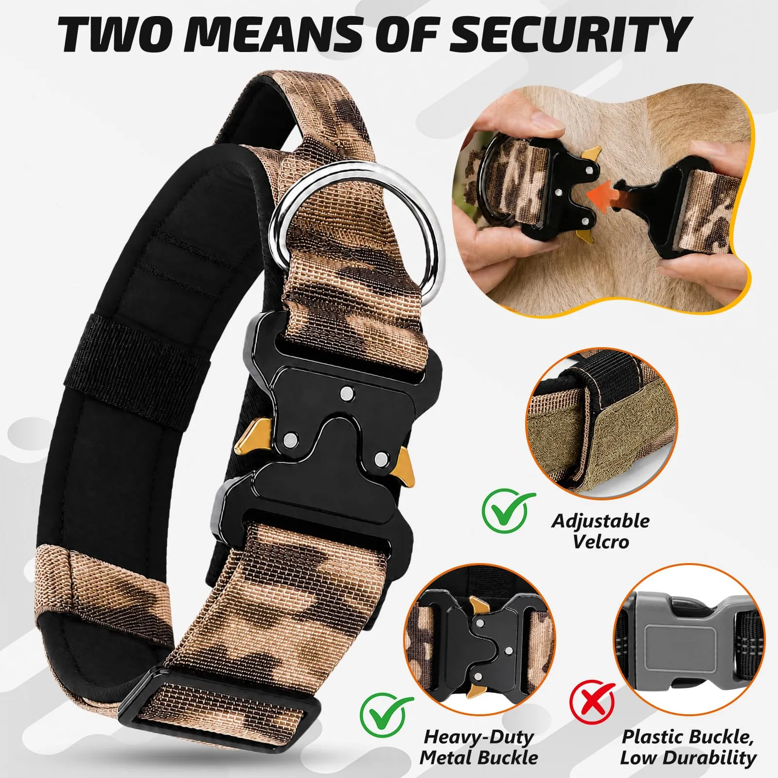 Collare Cane, Collare Tattico Regolabile per Cani Taglia Grande e Media, Larga 3,8 cm, Collari Militare in Nylon per Cani con Maniglia e Robusta Fibbia Metallica Sblocco Rapido (Kaki Mimetico, XL) - immagine 2