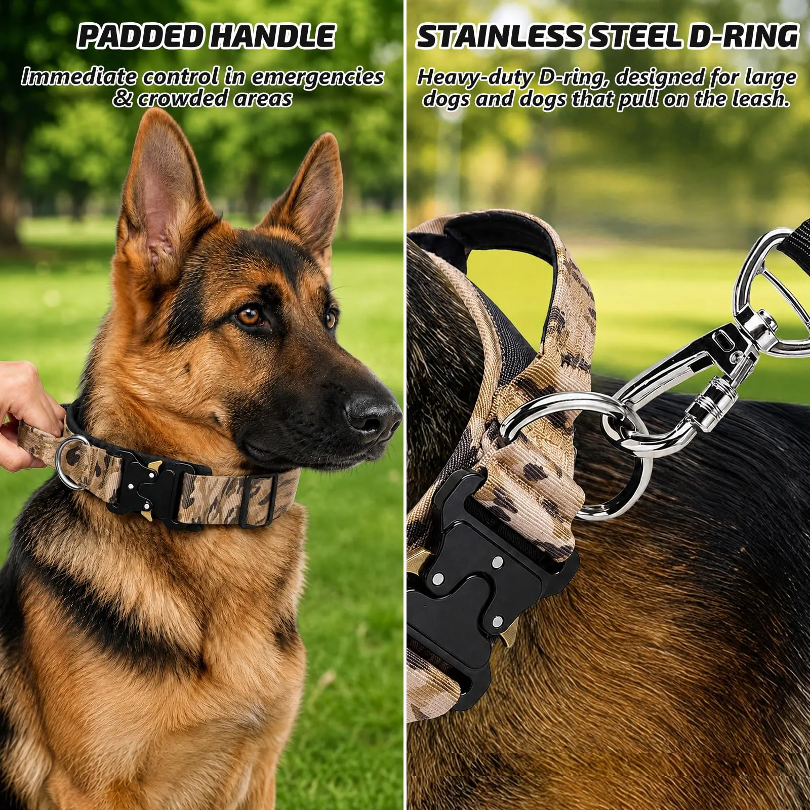 Collare Cane, Collare Tattico Regolabile per Cani Taglia Grande e Media, Larga 3,8 cm, Collari Militare in Nylon per Cani con Maniglia e Robusta Fibbia Metallica Sblocco Rapido (Kaki Mimetico, XL) - immagine 3