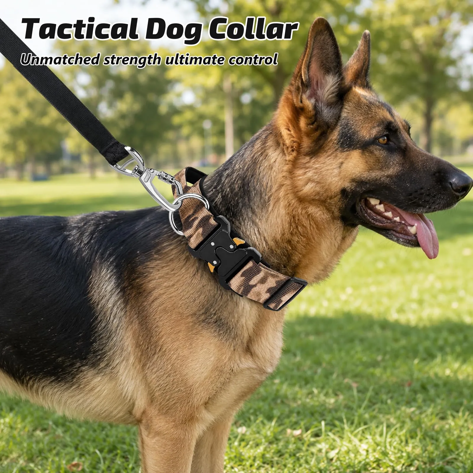 Collare Cane, Collare Tattico Regolabile per Cani Taglia Grande e Media, Larga 3,8 cm, Collari Militare in Nylon per Cani con Maniglia e Robusta Fibbia Metallica Sblocco Rapido (Kaki Mimetico, XL) - immagine 7