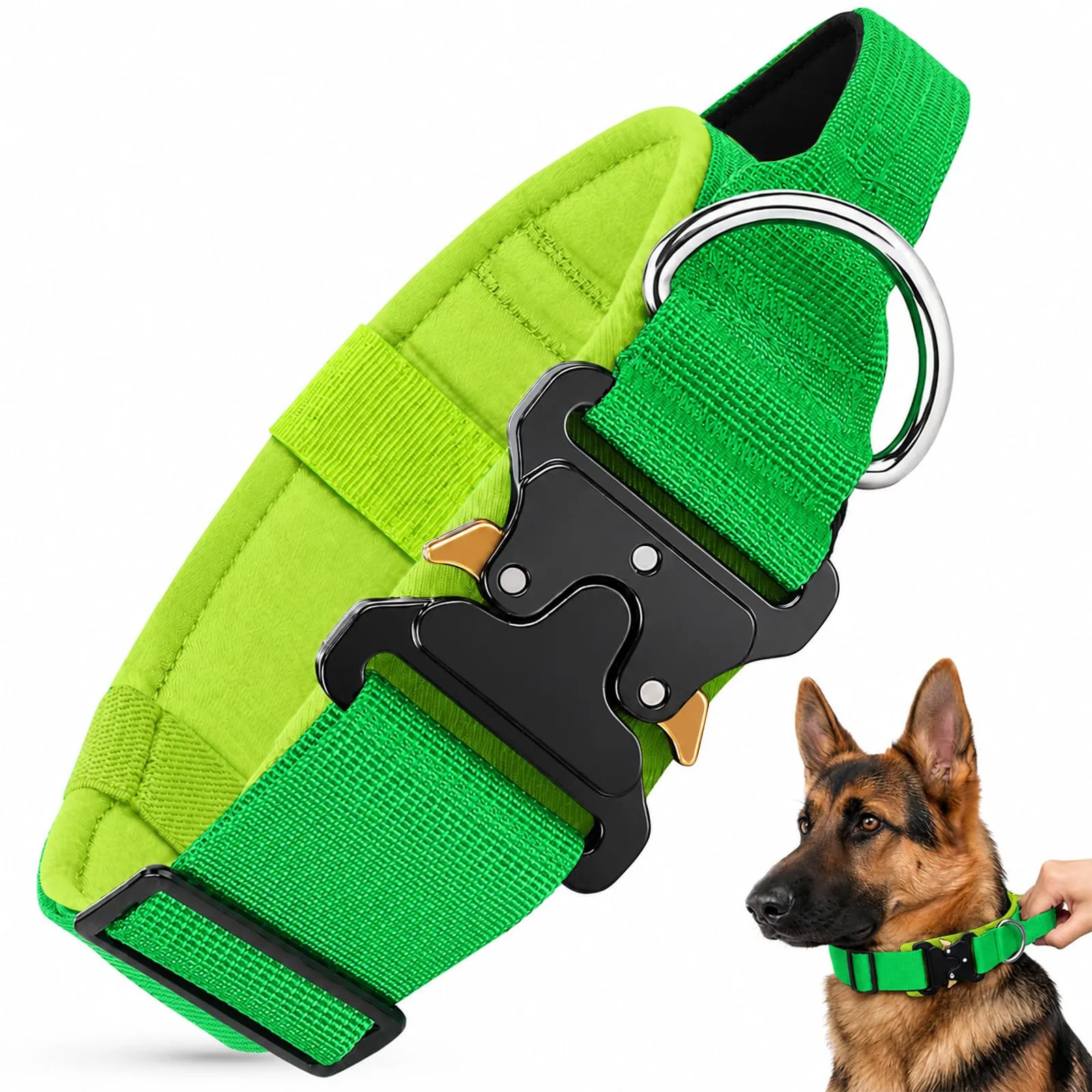 Collare Cane, Collare Tattico Regolabile per Cani Taglia Grande e Media, Larga 3,8 cm, Collari Militare in Nylon per Cani con Maniglia e Robusta Fibbia Metallica Sblocco Rapido (Verde, M) - immagine 1