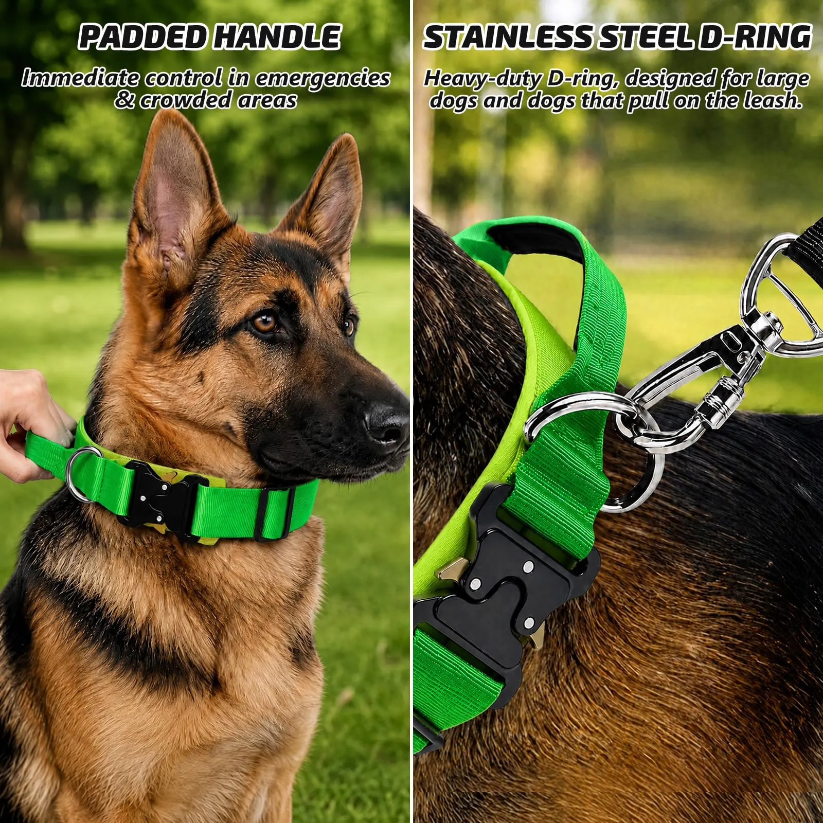 Collare Cane, Collare Tattico Regolabile per Cani Taglia Grande e Media, Larga 3,8 cm, Collari Militare in Nylon per Cani con Maniglia e Robusta Fibbia Metallica Sblocco Rapido (Verde, M) - immagine 3